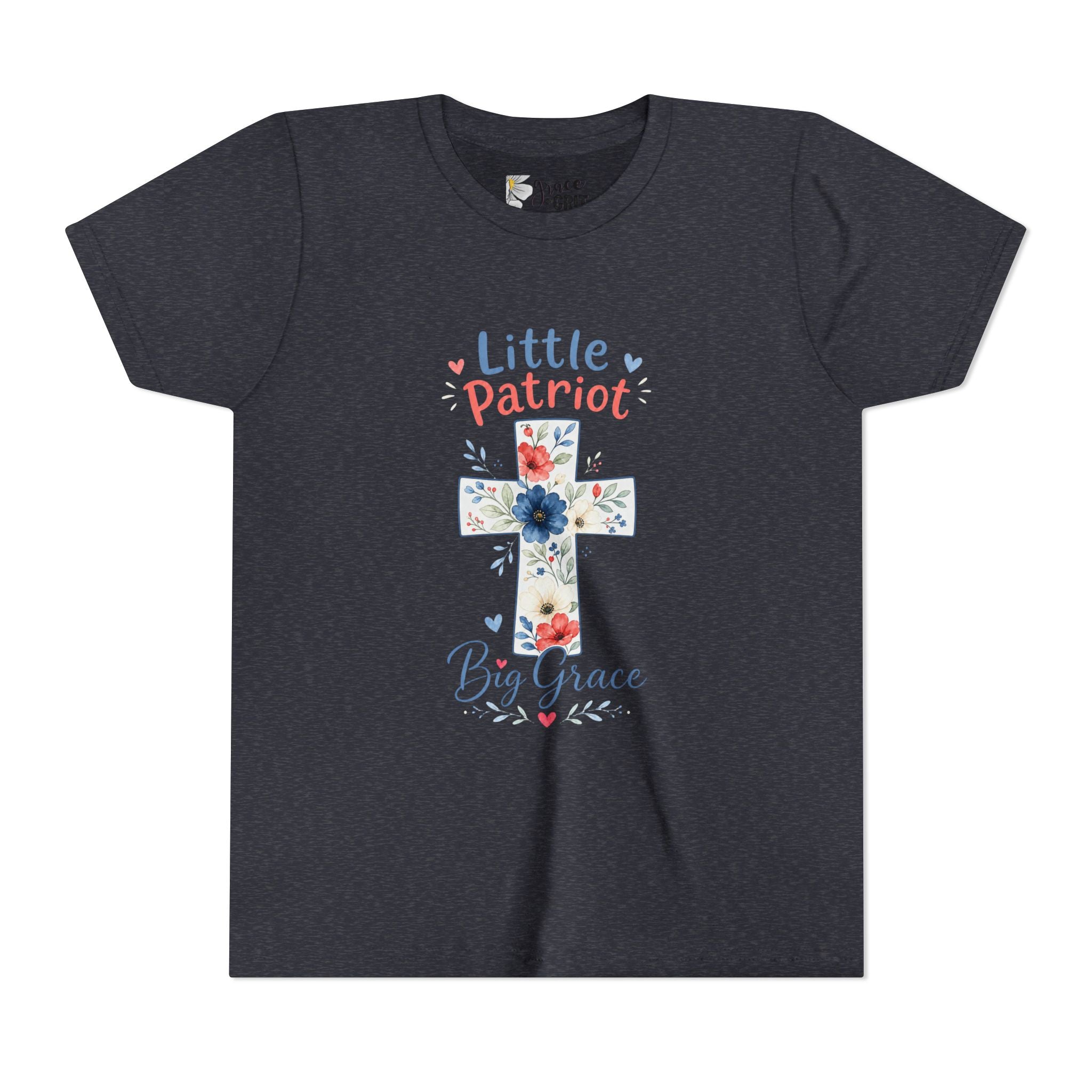 Little Patriot Big Grace Youth Tee — Floral Cross Christian Kids Shirt