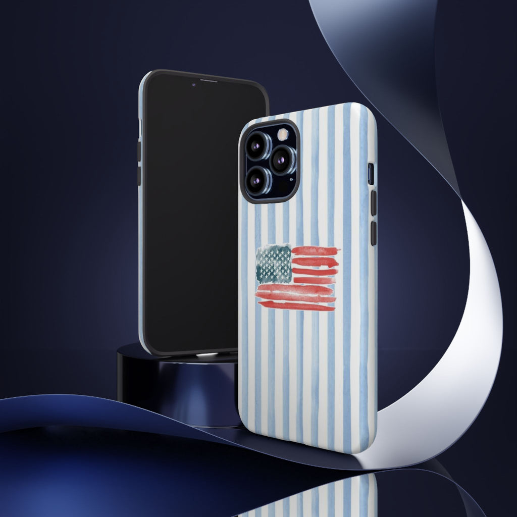 American Flag Watercolor Phone Case - Blue Stripe Tough Case