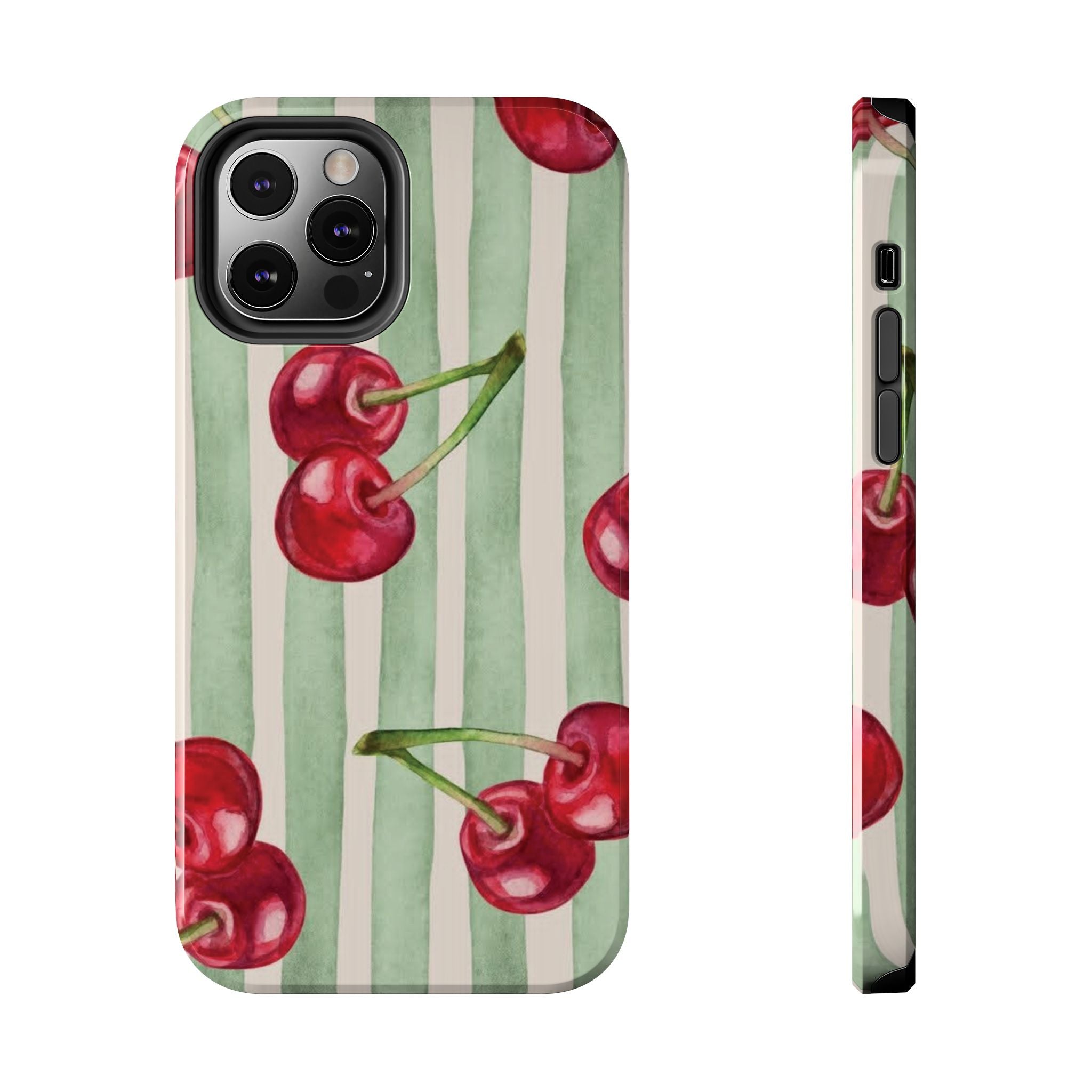 Cherry Stripe Tough Phone Case — Retro Watercolor Cherry Pattern Durable Phone Case