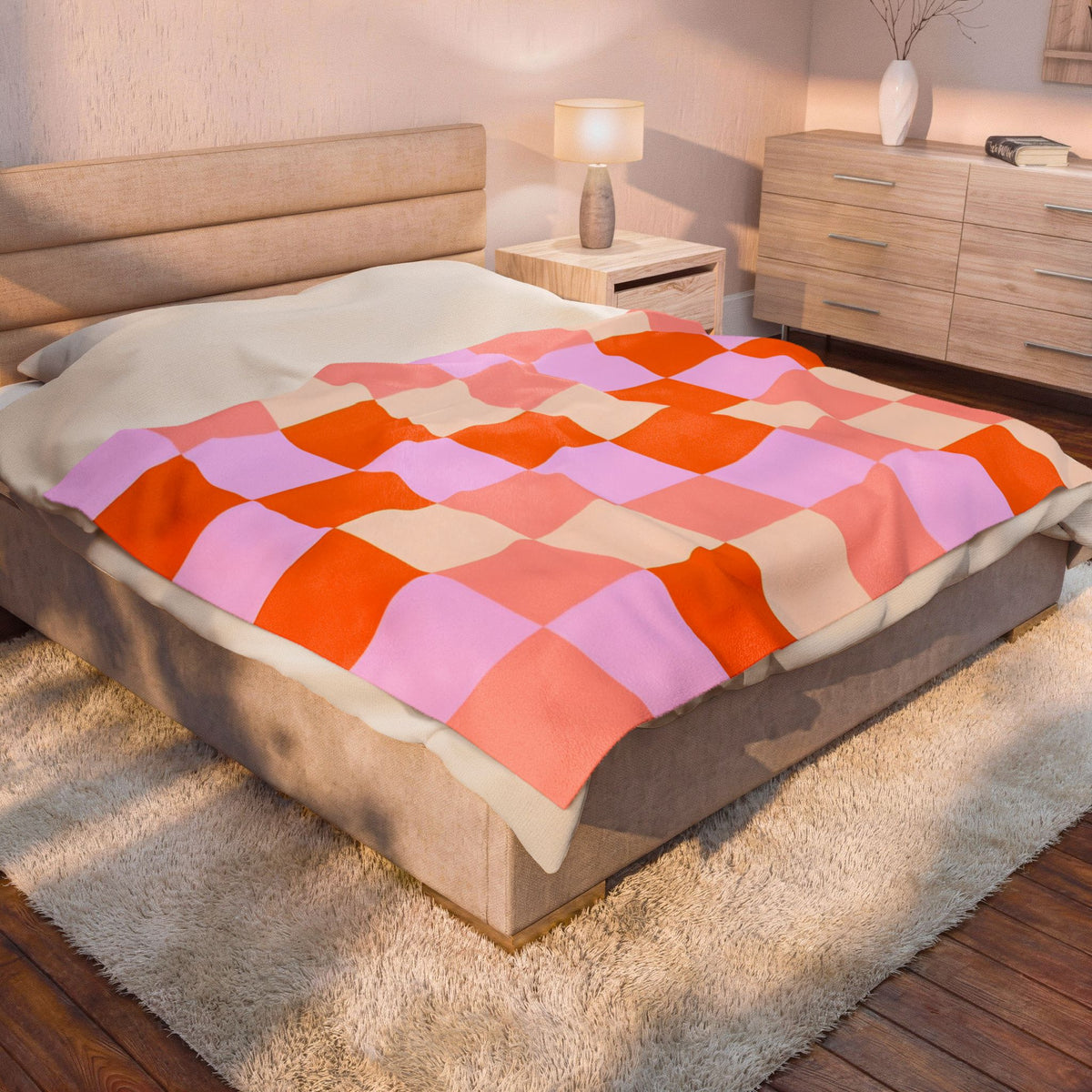Retro Checkerboard Velveteen Plush Blanket – Pink, Orange & Lavender
