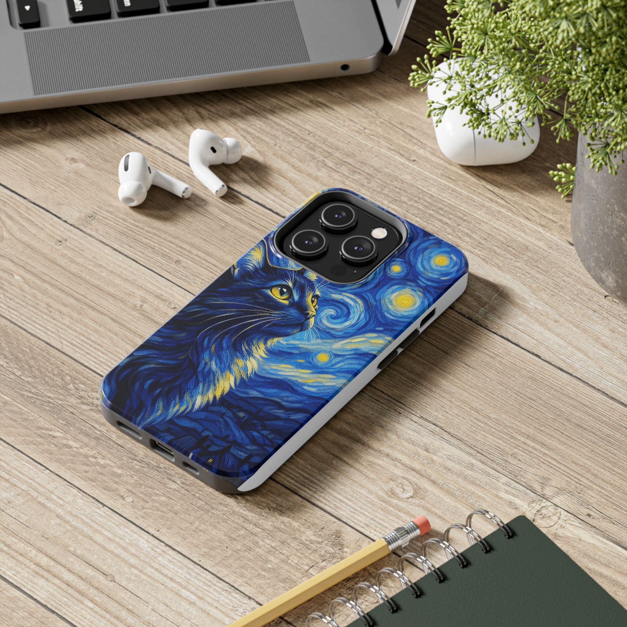 Starry Night Cat Tough Phone Case — Van Gogh Style Galaxy Kitten Protective Cover