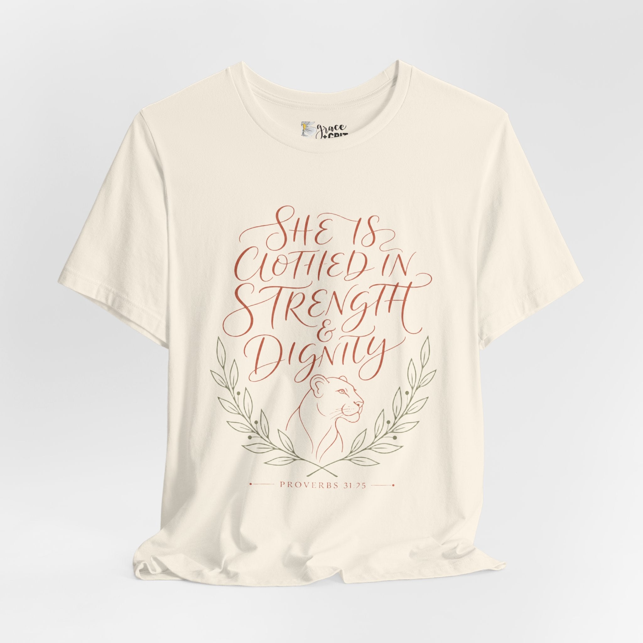 She Is Clothed in Strength & Dignity Tee — Inspirational Christian Women's Graphic T-Shirt