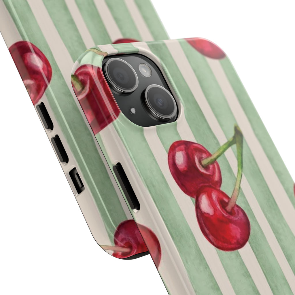 Cherry Stripe Tough Phone Case — Retro Watercolor Cherry Pattern Durable Phone Case