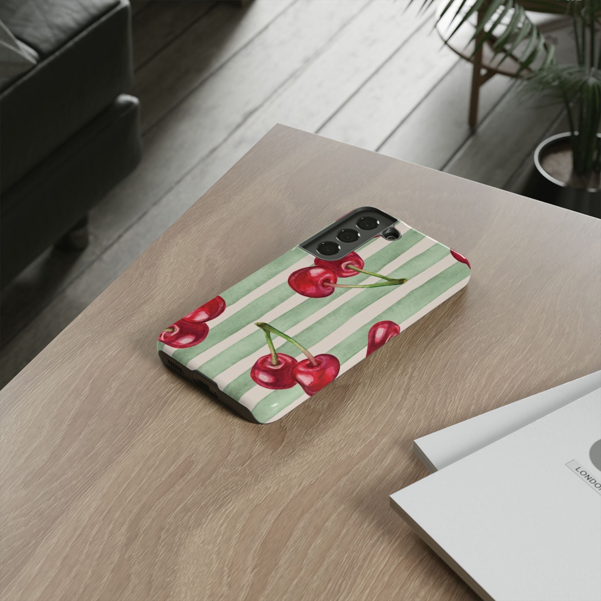 Cherry Stripe Phone Case – Retro Watercolor Cherries on Mint Stripes