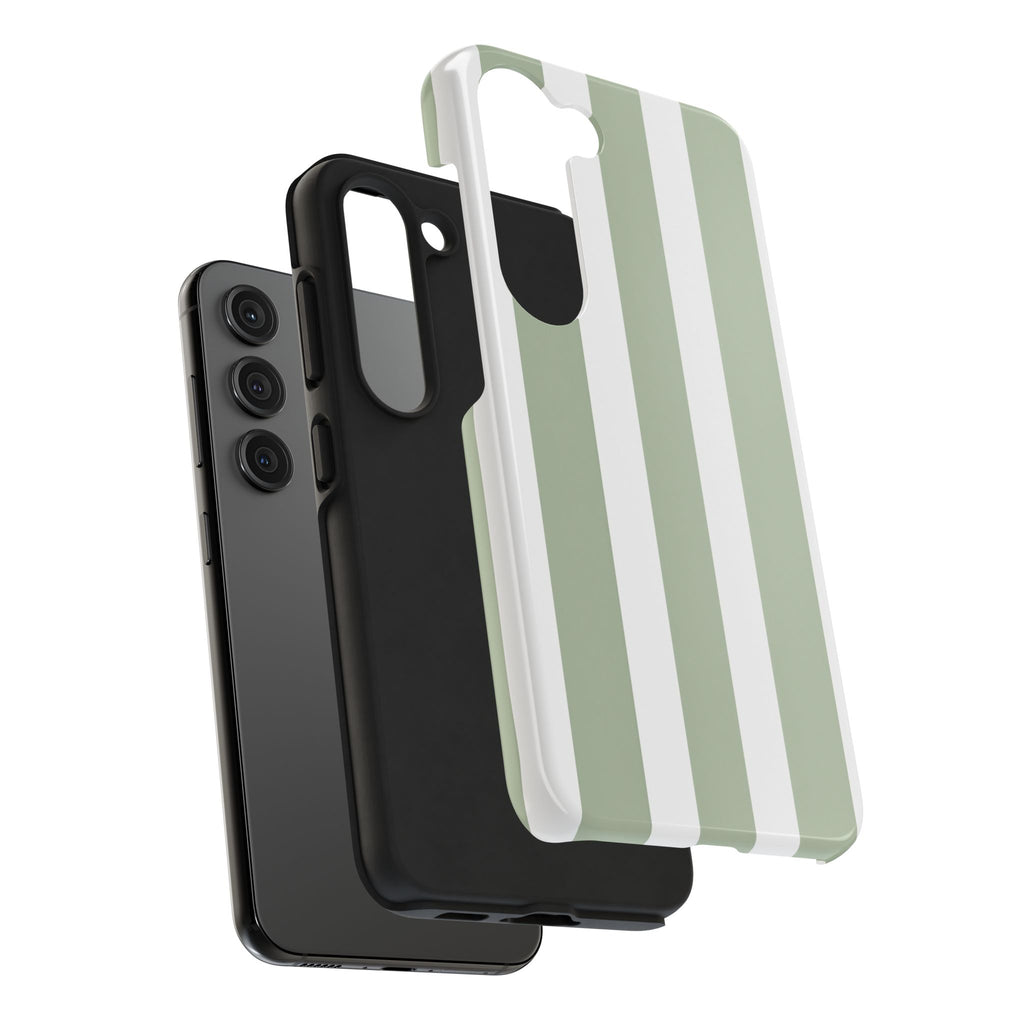 Sage & White Striped Tough Phone Case — Durable Protective Phone Cover