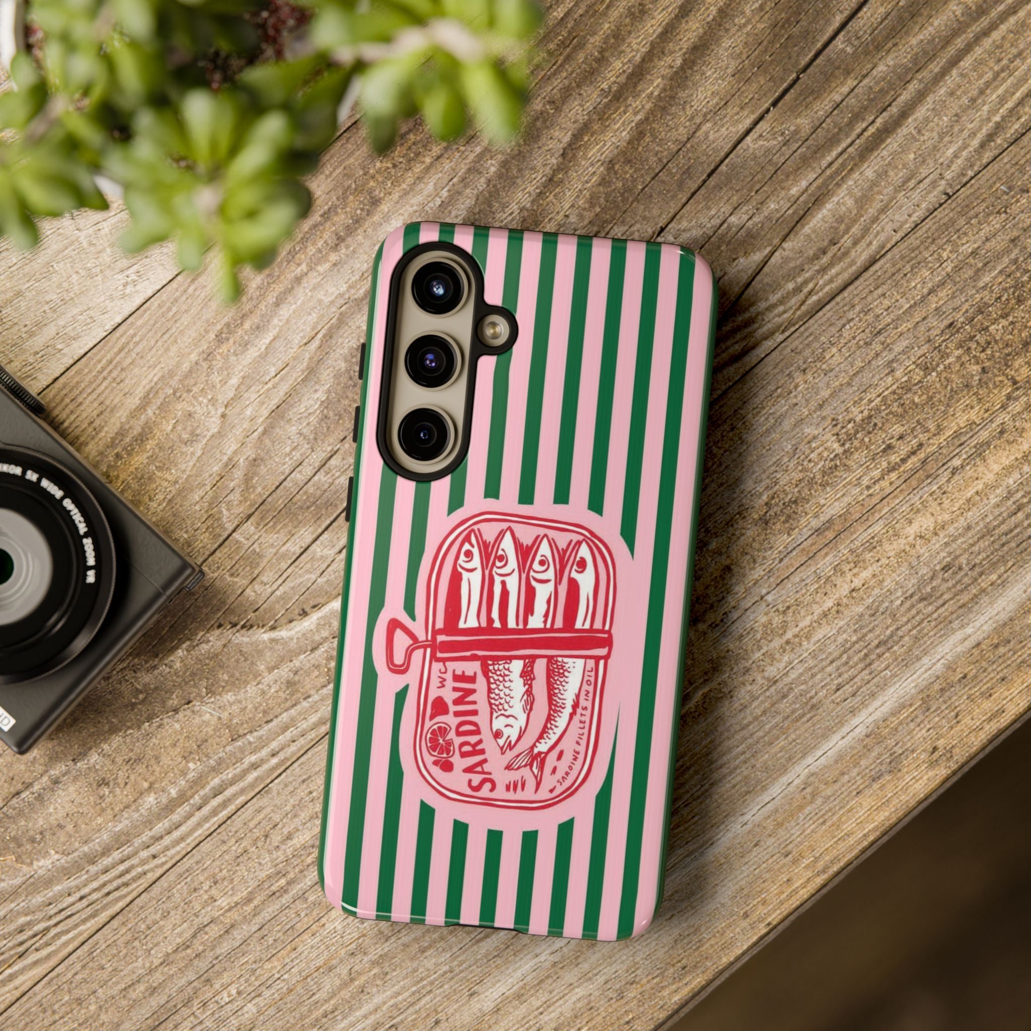 Sardine Stripe Phone Case — Retro Pink & Green Nautical Protection