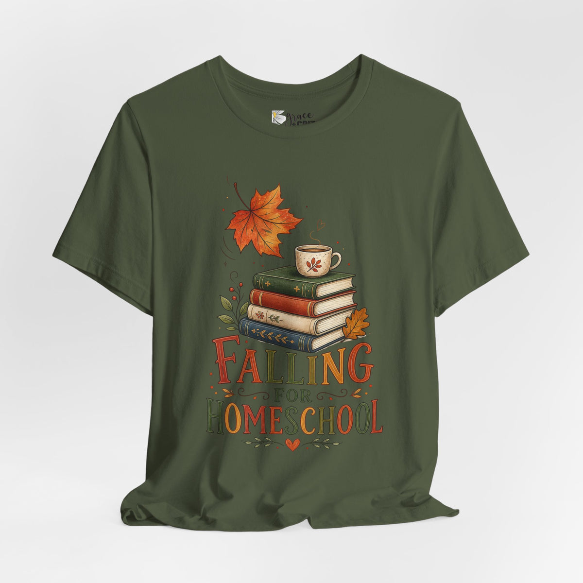 Fall Homeschool T‑Shirt – “Falling into Homeschool” Autumn Books & Coffee Tee
