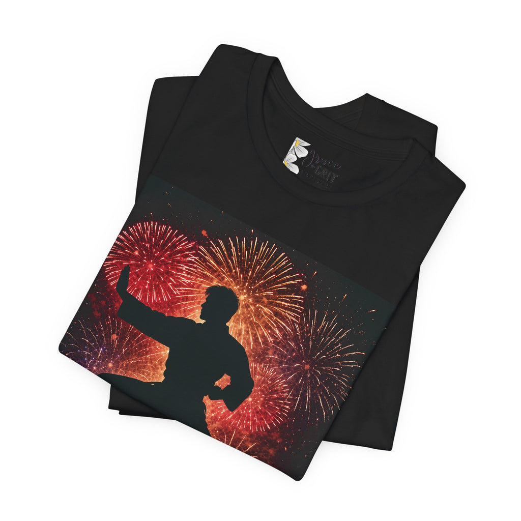 Martial Arts Fireworks T-Shirt — Karate Silhouette Celebration Tee