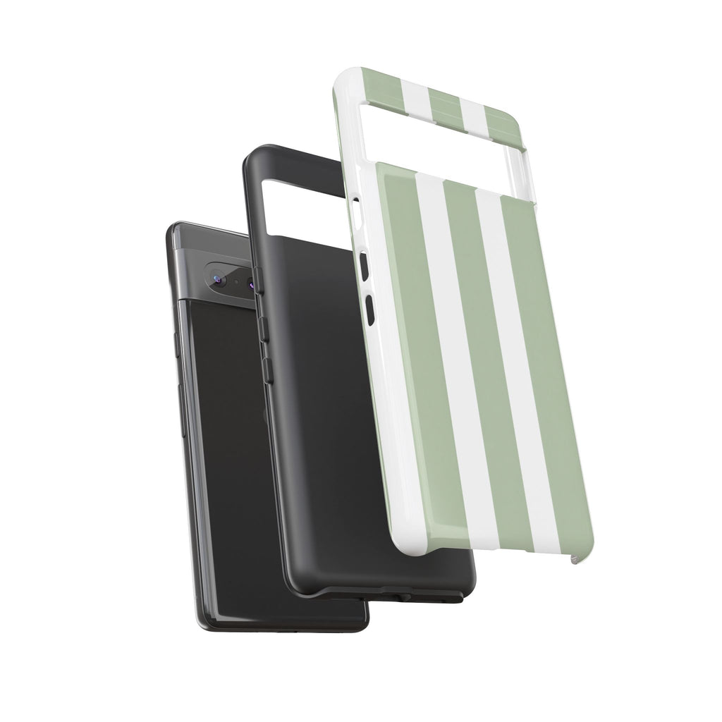 Striped Sage Tough Phone Case — Durable Green & White Vertical Stripe Phone Cover