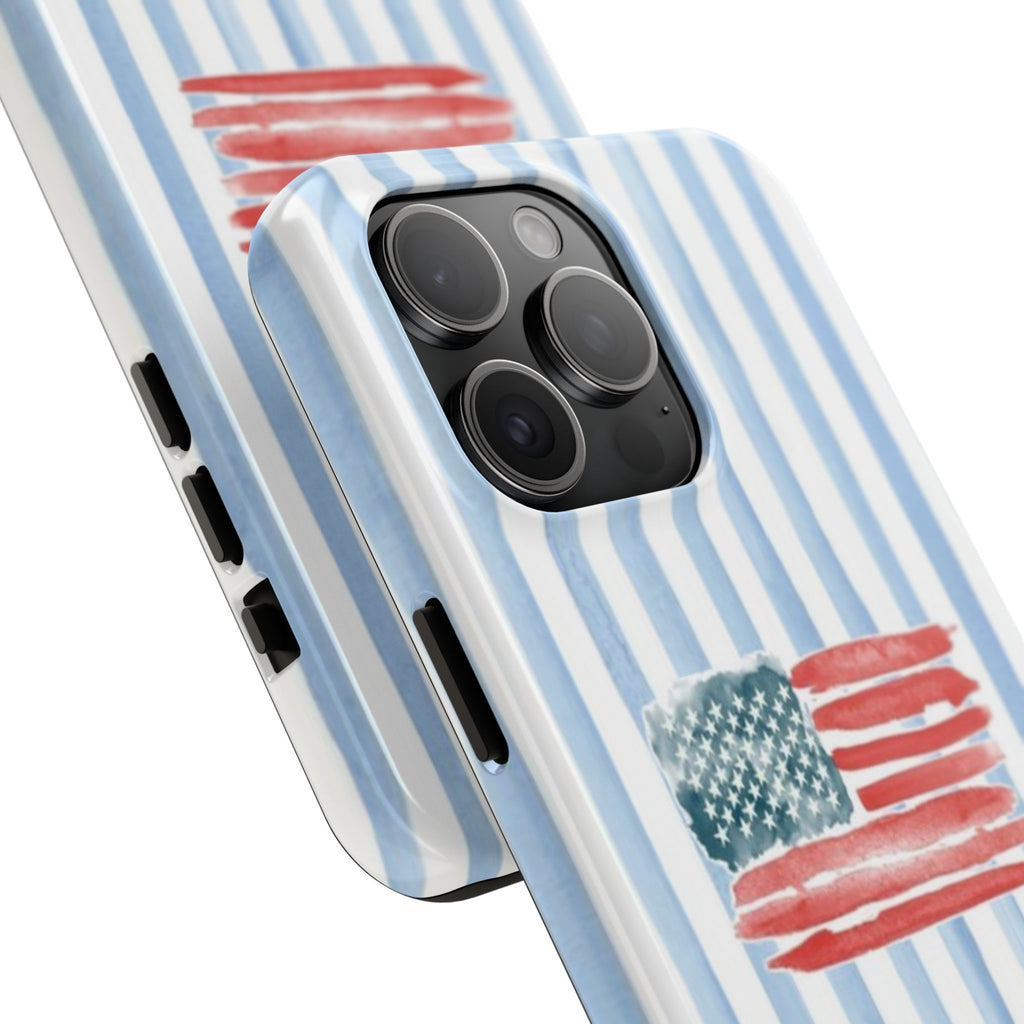 American Flag Watercolor Tough Phone Case — Blue Striped Patriotic Phone Case