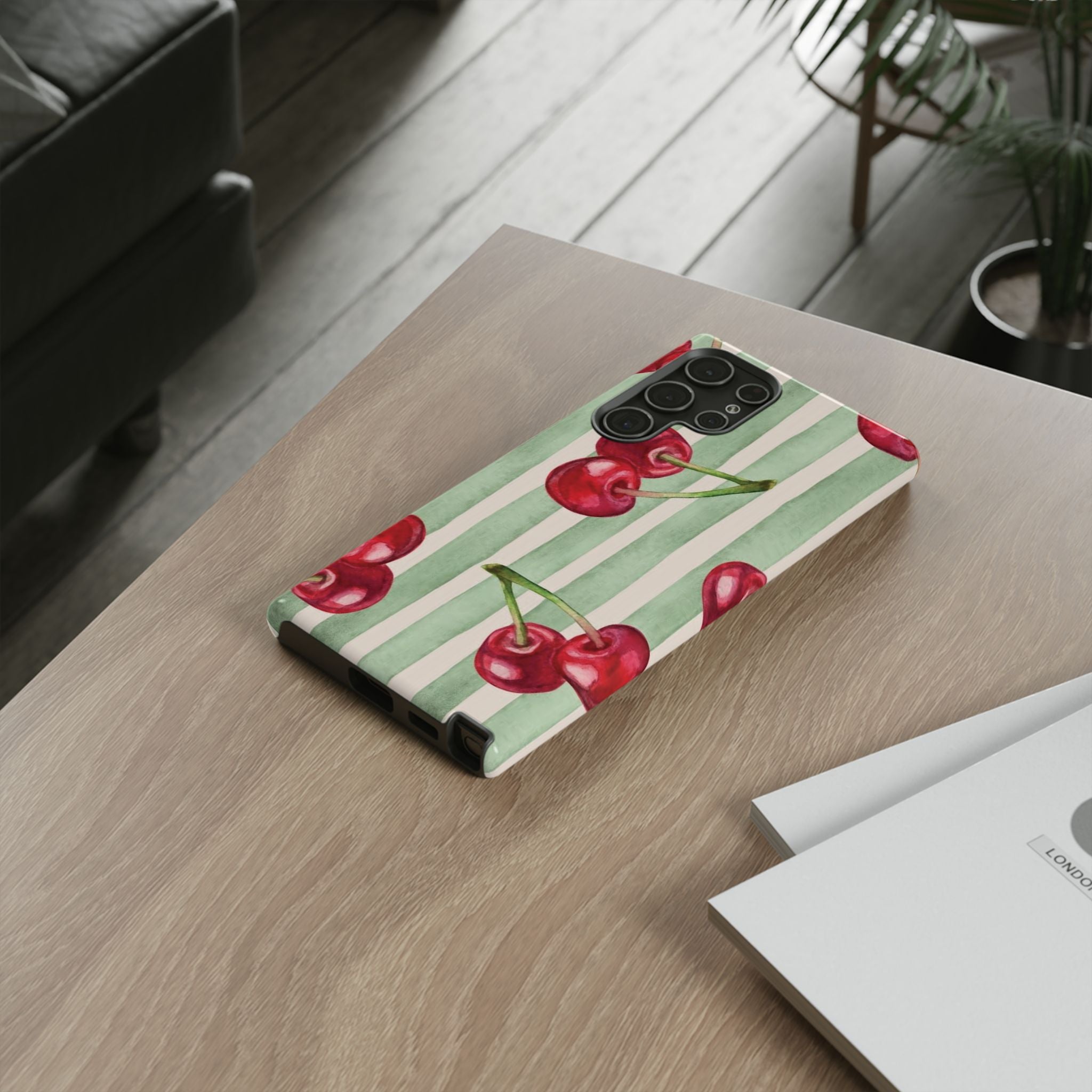 Cherry Stripe Phone Case – Retro Watercolor Cherries on Mint Stripes