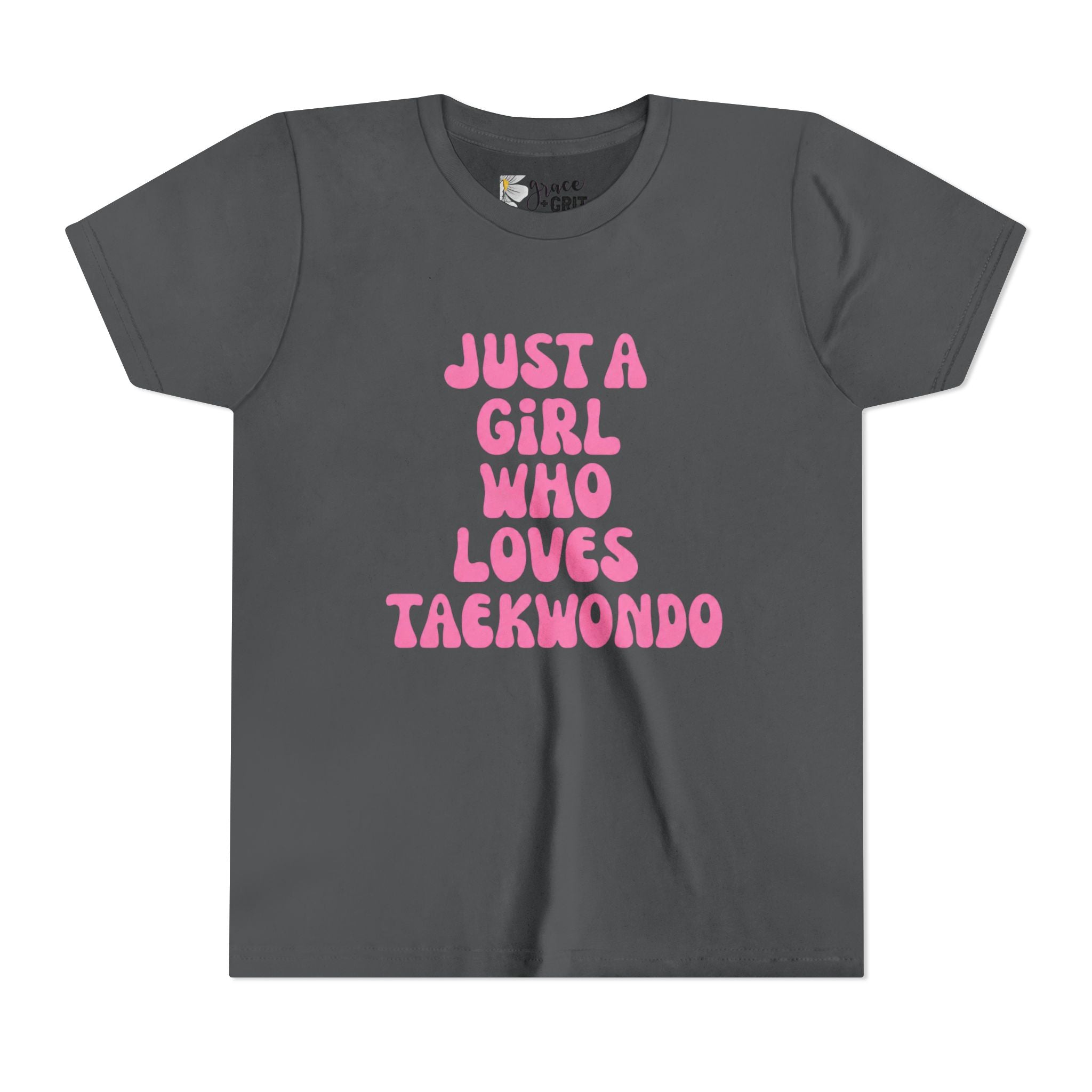 Just a Girl Who Loves Taekwondo Youth Tee | Pink Text Martial Arts Shirt
