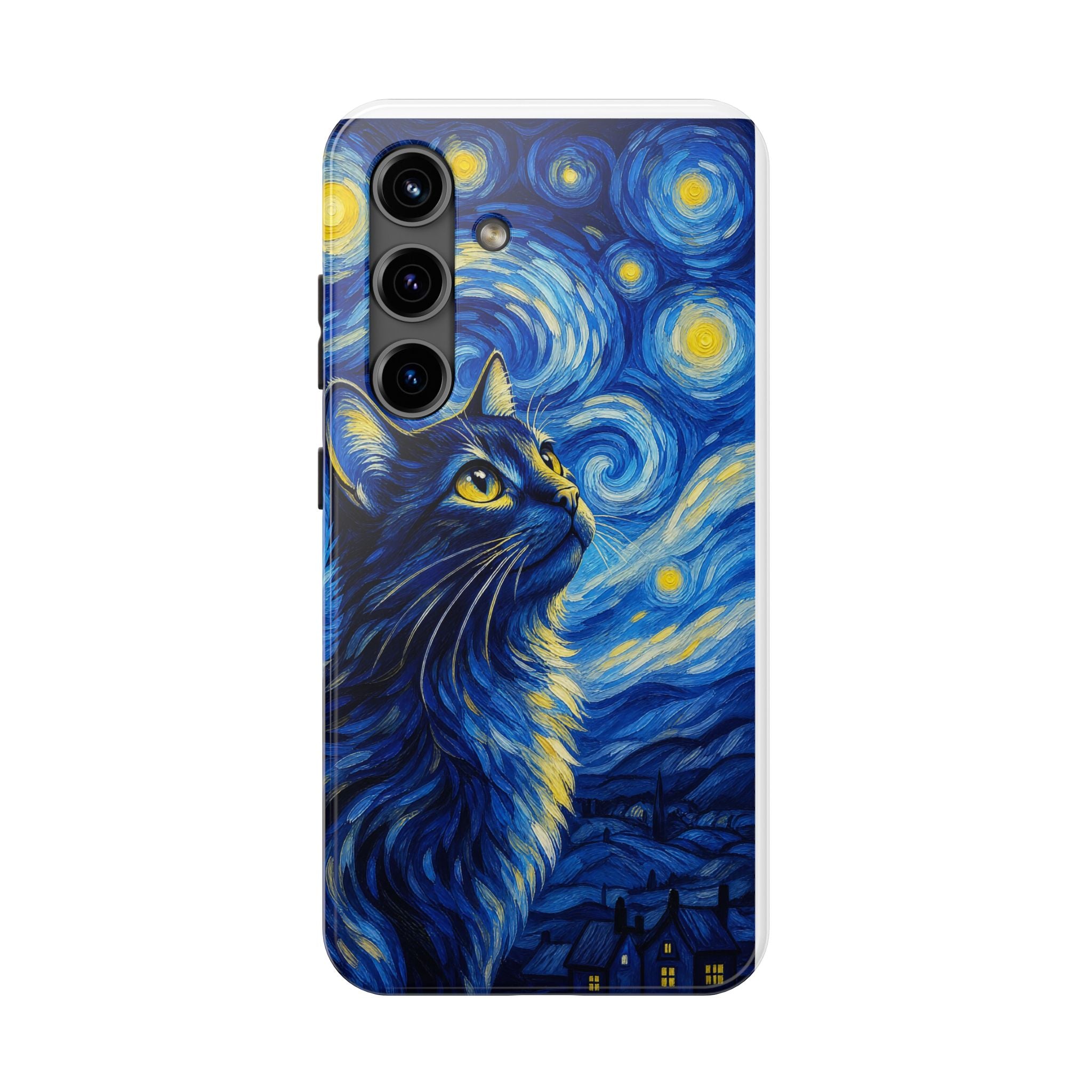 Starry Night Cat Tough Phone Case — Van Gogh Style Galaxy Kitten Protective Cover