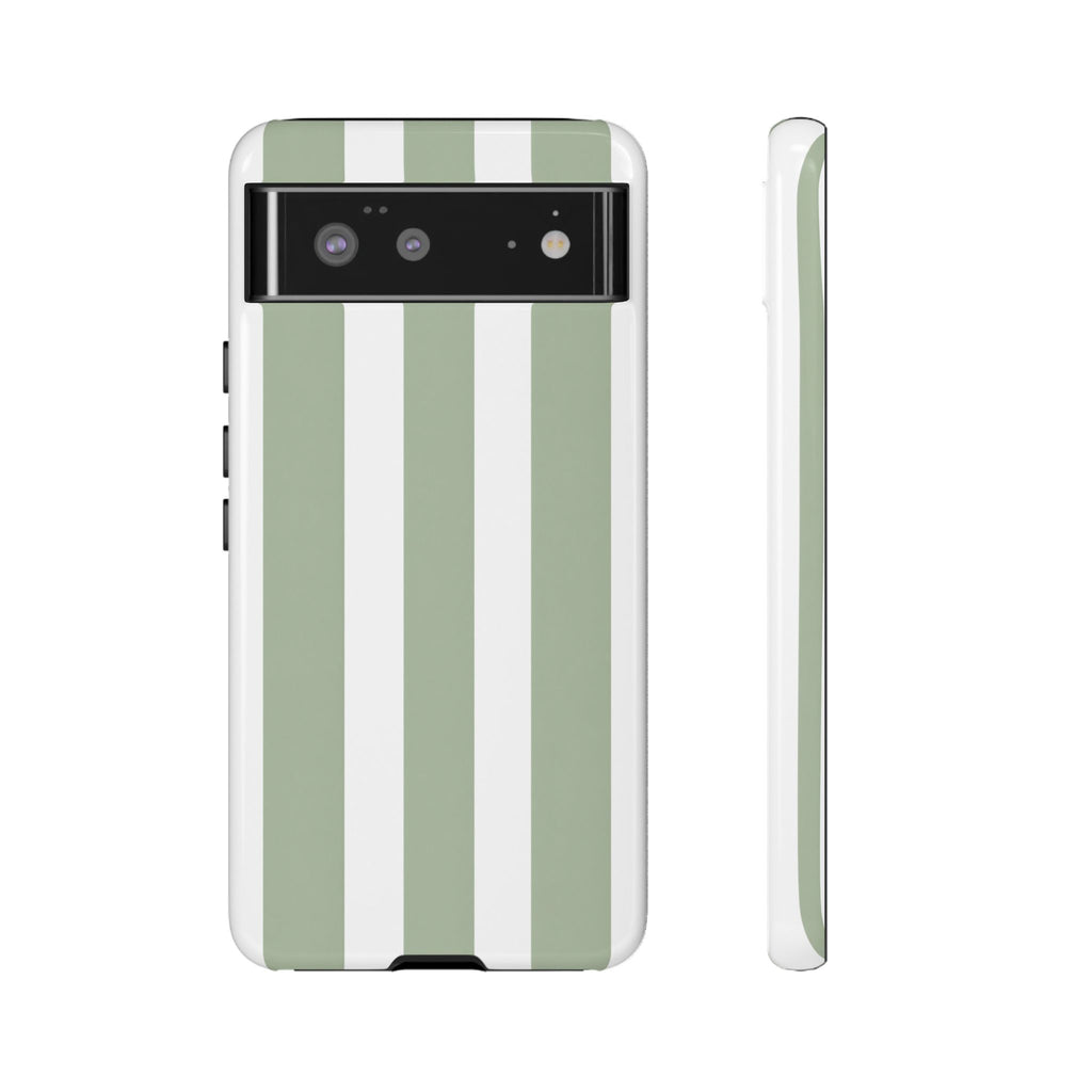 Striped Sage Tough Phone Case — Durable Green & White Vertical Stripe Phone Cover