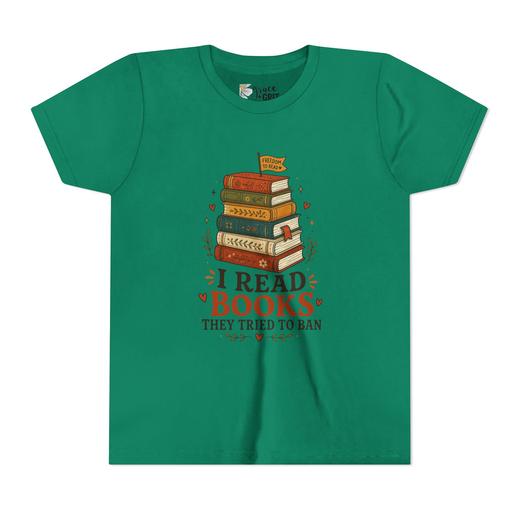 Youth Book Lover T‑Shirt — "I Read Books They Tried To Ban" Stack Graphic