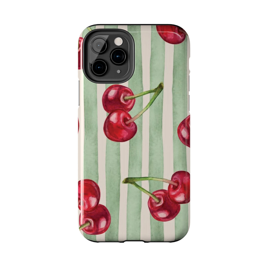 Cherry Stripe Tough Phone Case — Retro Watercolor Cherry Pattern Durable Phone Case