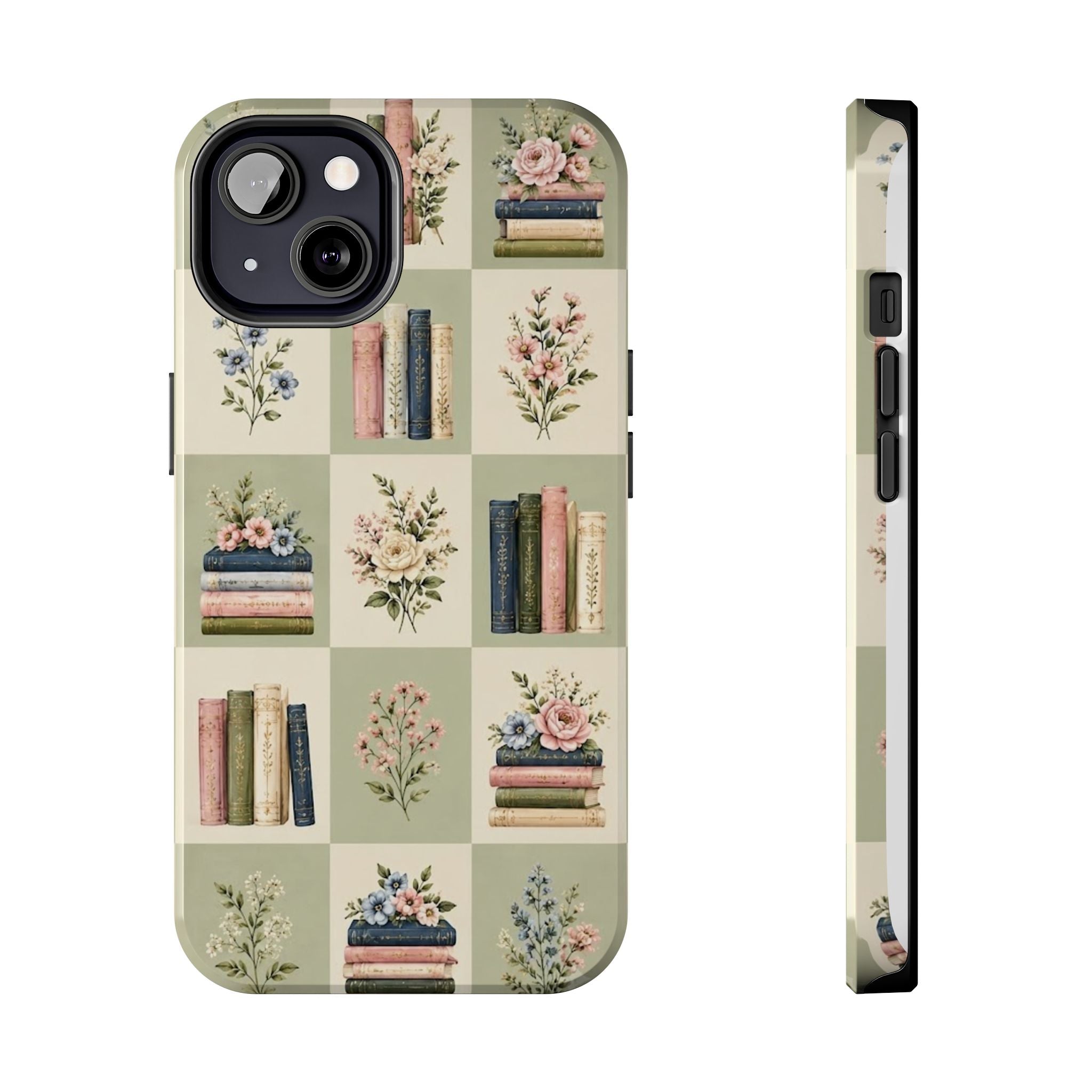 Floral Bookshelf Tough Phone Case — Vintage Floral & Stacked Books Pattern