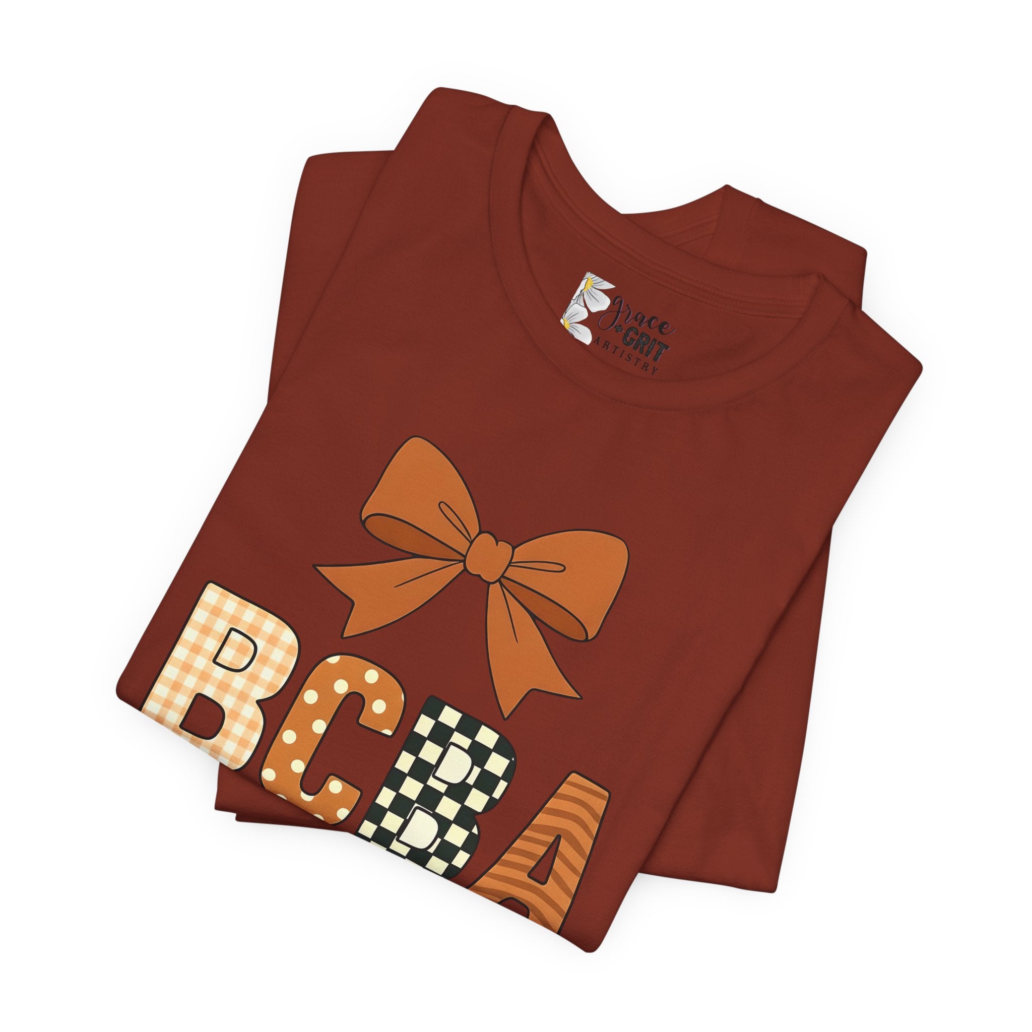 BCBA Monogram Tee | Bow Accent, Orange Plaid and Polka Dot Letters