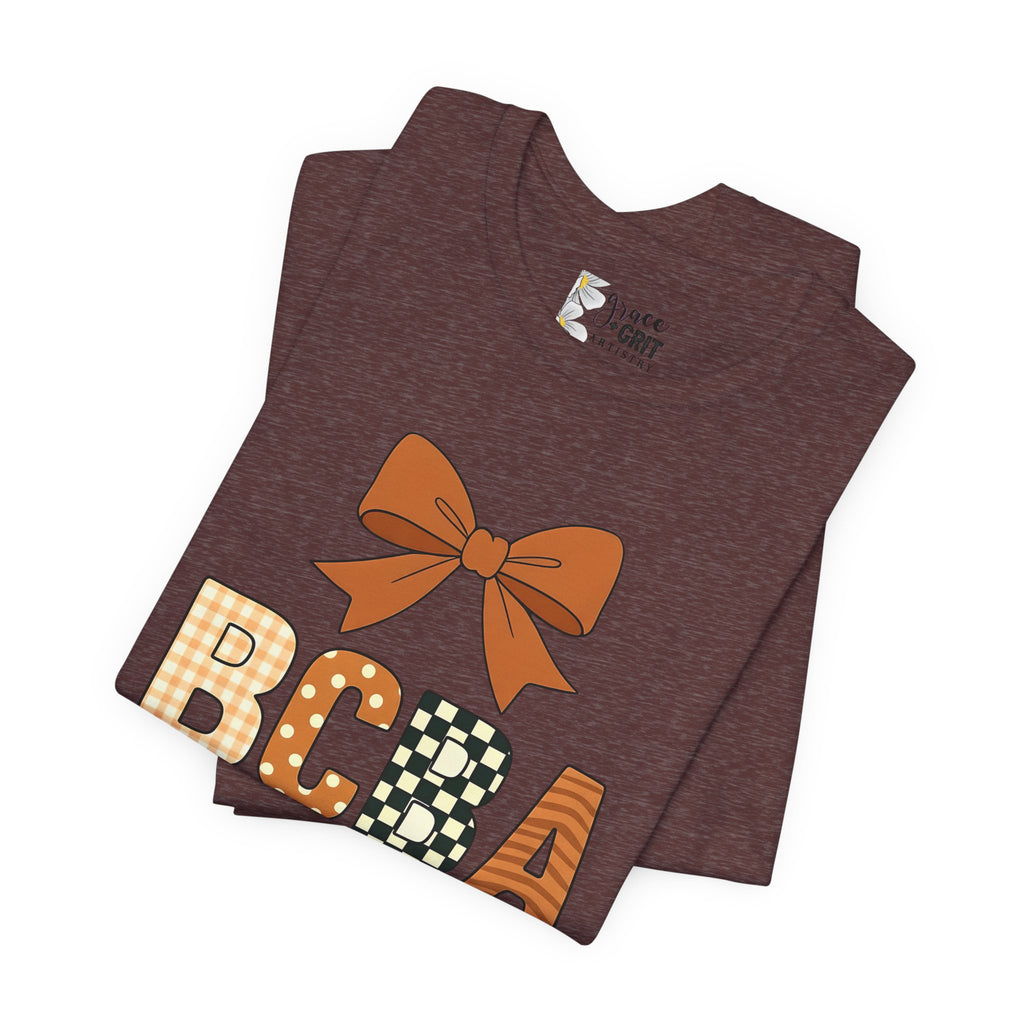 BCBA Monogram Tee | Bow Accent, Orange Plaid and Polka Dot Letters