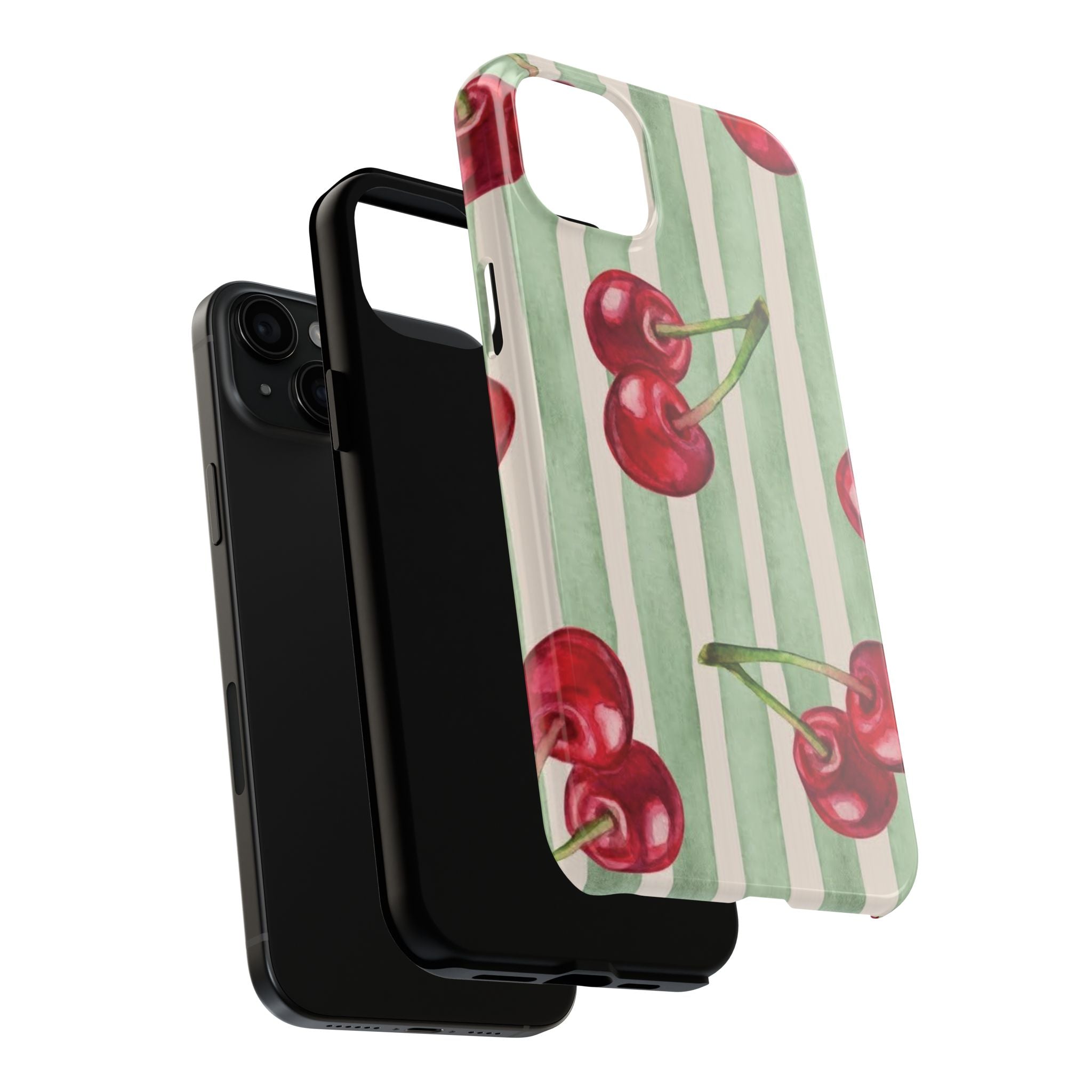 Cherry Stripe Tough Phone Case — Retro Watercolor Cherry Pattern Durable Phone Case
