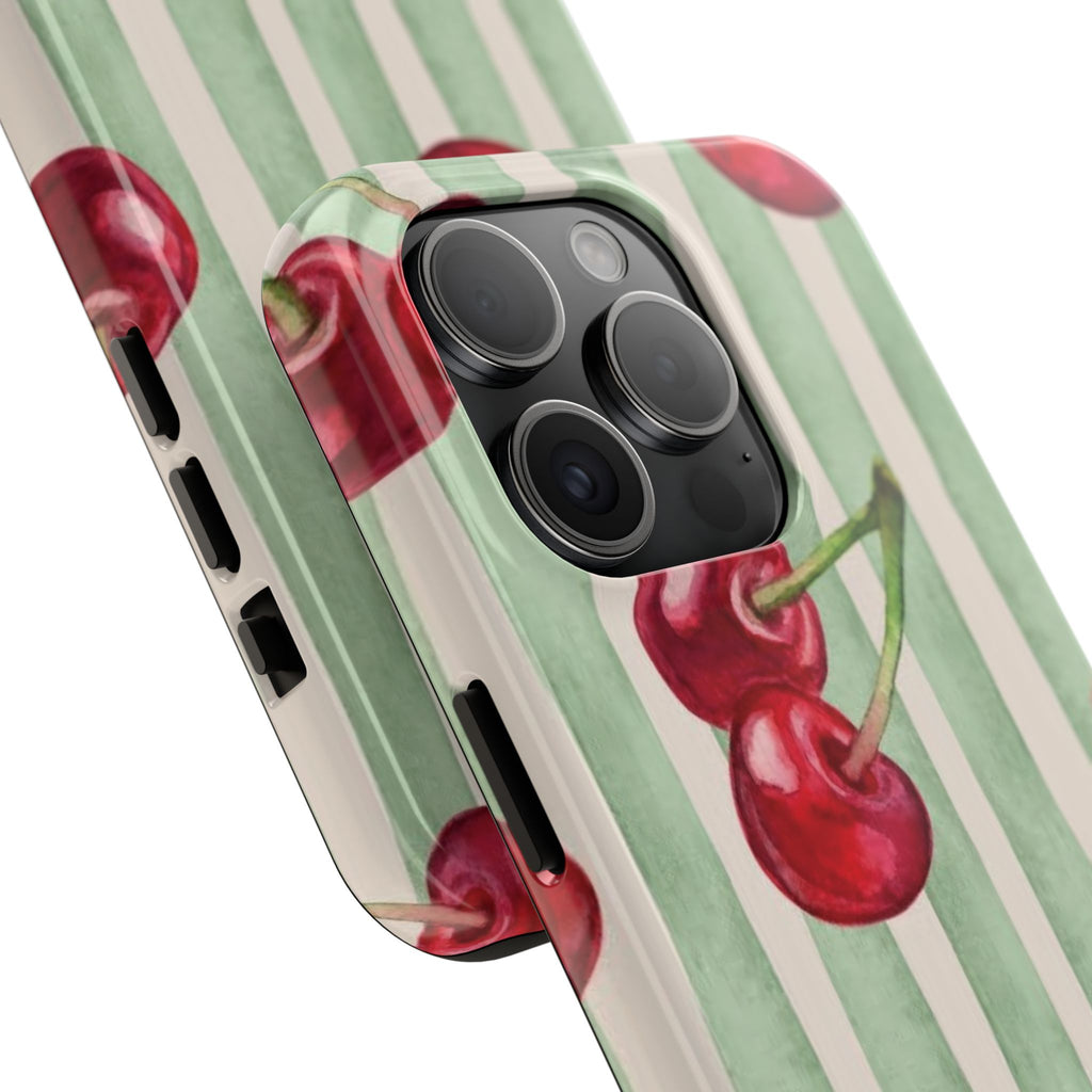 Cherry Stripe Tough Phone Case — Retro Watercolor Cherry Pattern Durable Phone Case
