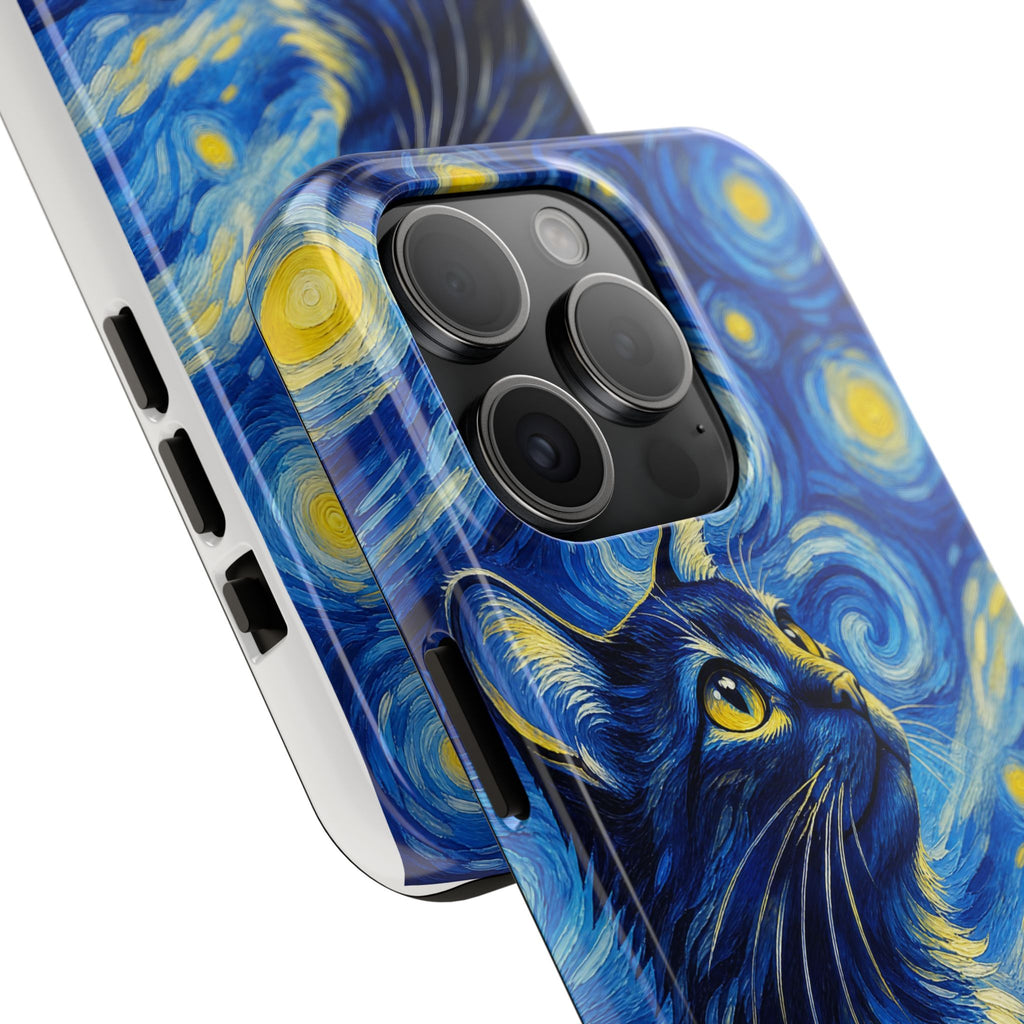 Starry Night Cat Tough Phone Case — Van Gogh Style Galaxy Kitten Protective Cover