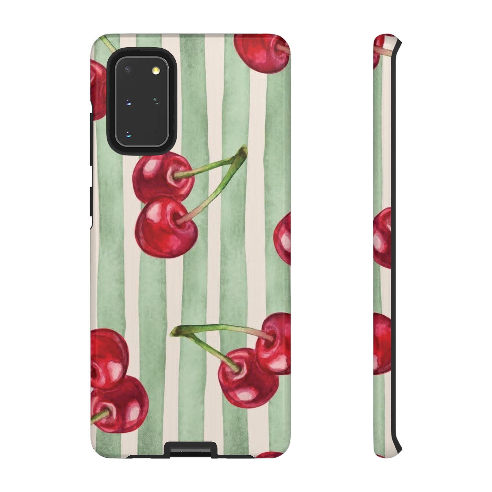 Cherry Stripe Phone Case – Retro Watercolor Cherries on Mint Stripes