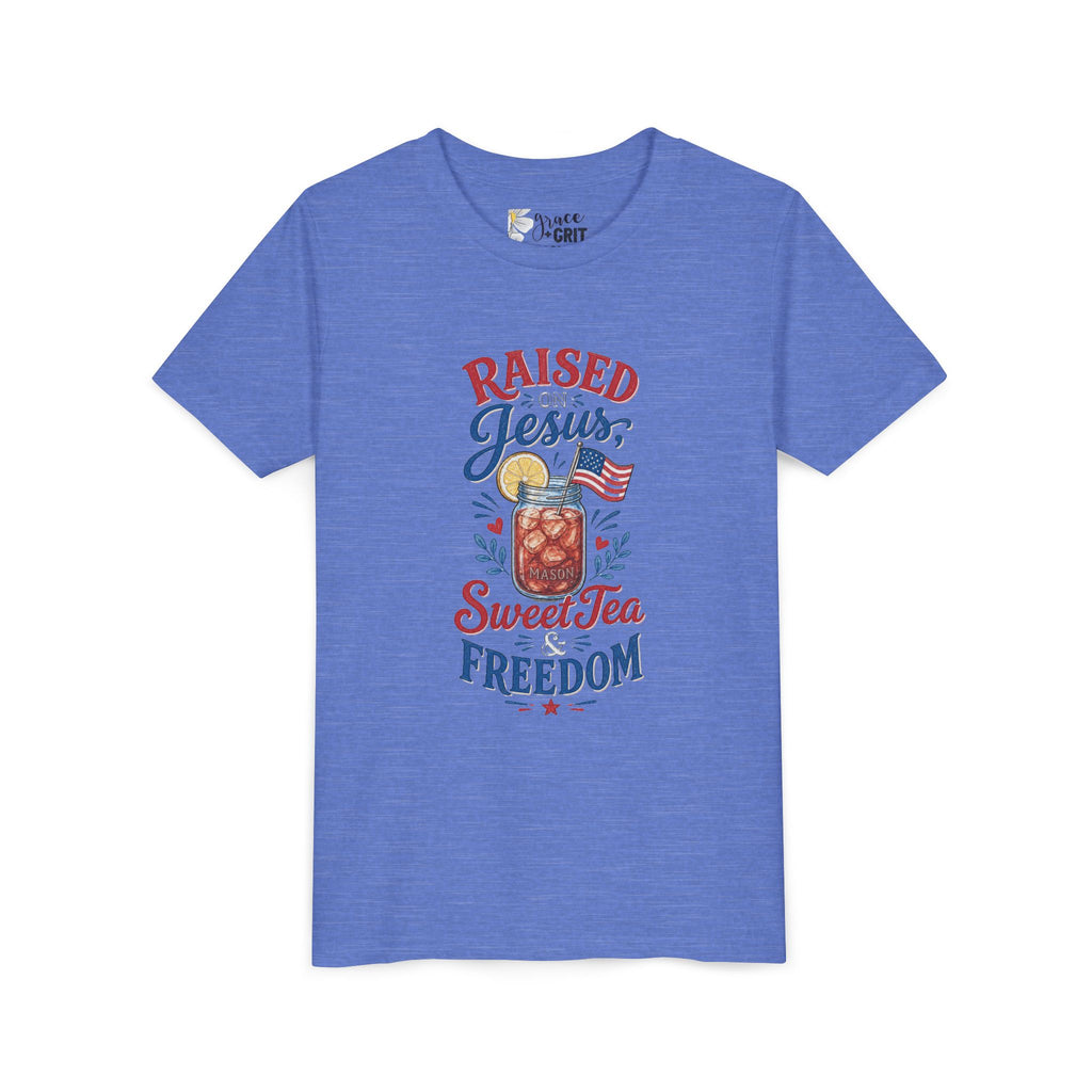 Youth Tee — "Raised Jesus, Sweet Tea, Freedom" Patriotic Christian Graphic
