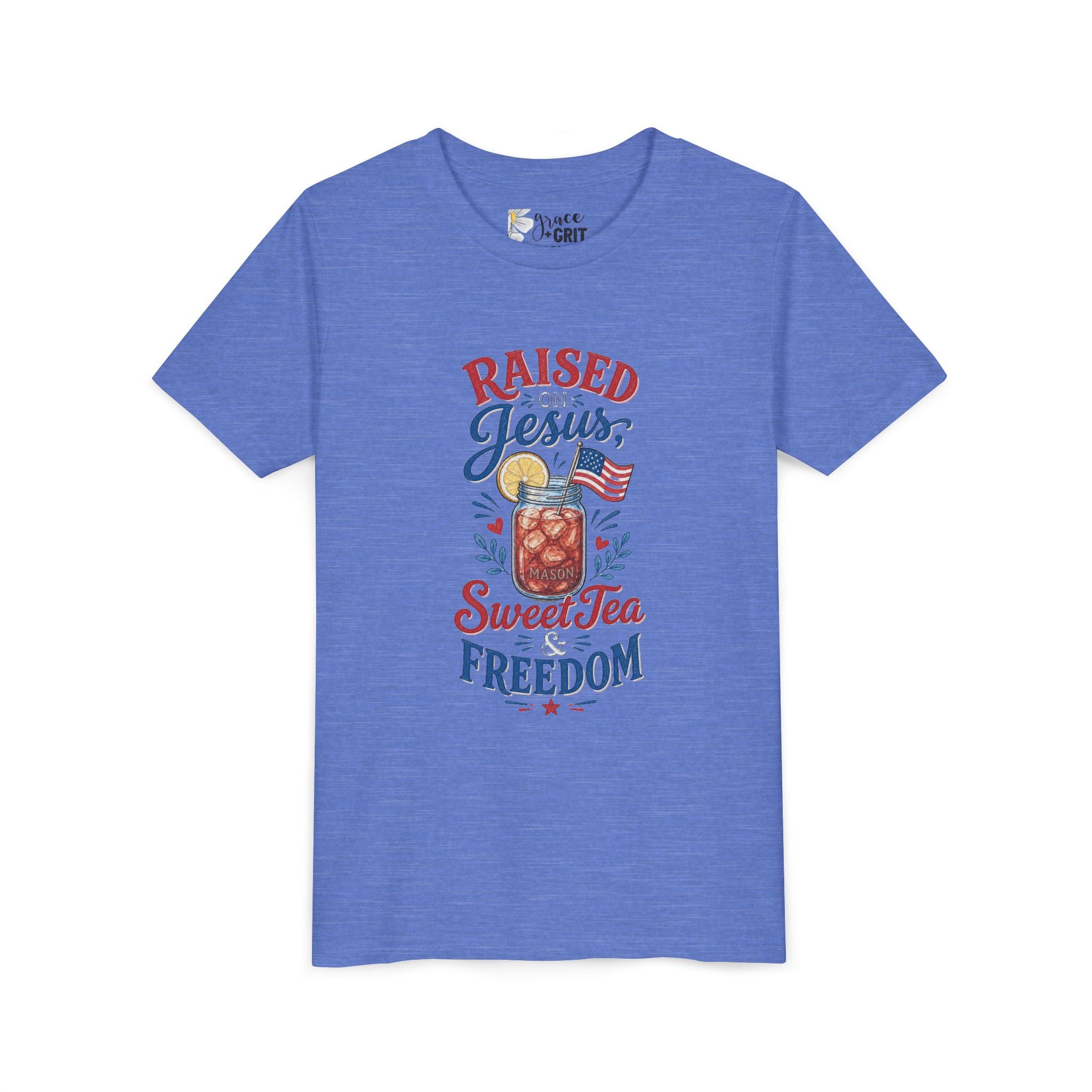 Youth Tee — "Raised Jesus, Sweet Tea, Freedom" Patriotic Christian Graphic
