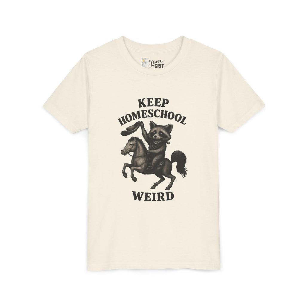 Keep Homeschool Weird Youth Tee | Raccoon Riding Horse Illustration