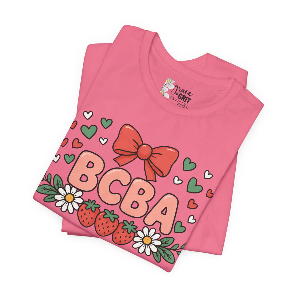 BCBA Strawberry Bow T-Shirt — Cute Floral ABA Therapist Gift