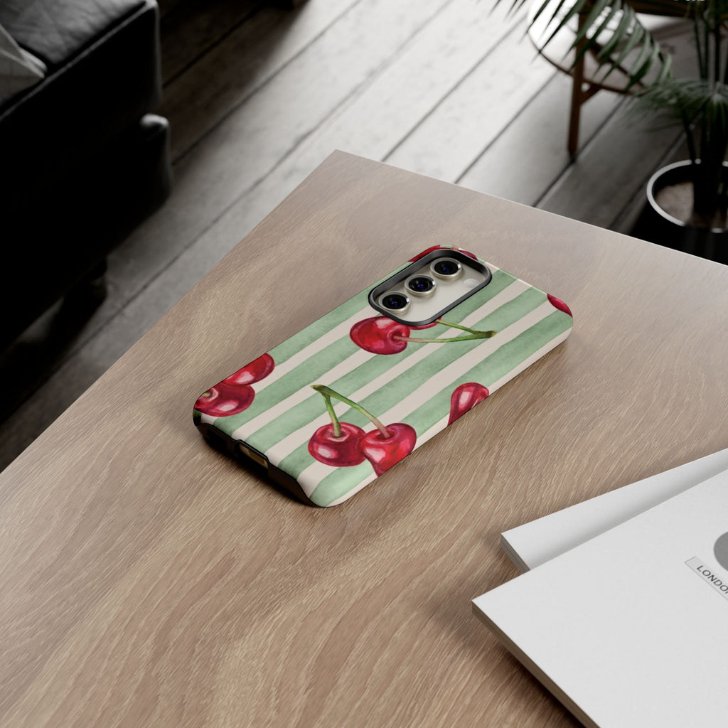 Cherry Stripe Phone Case – Retro Watercolor Cherries on Mint Stripes