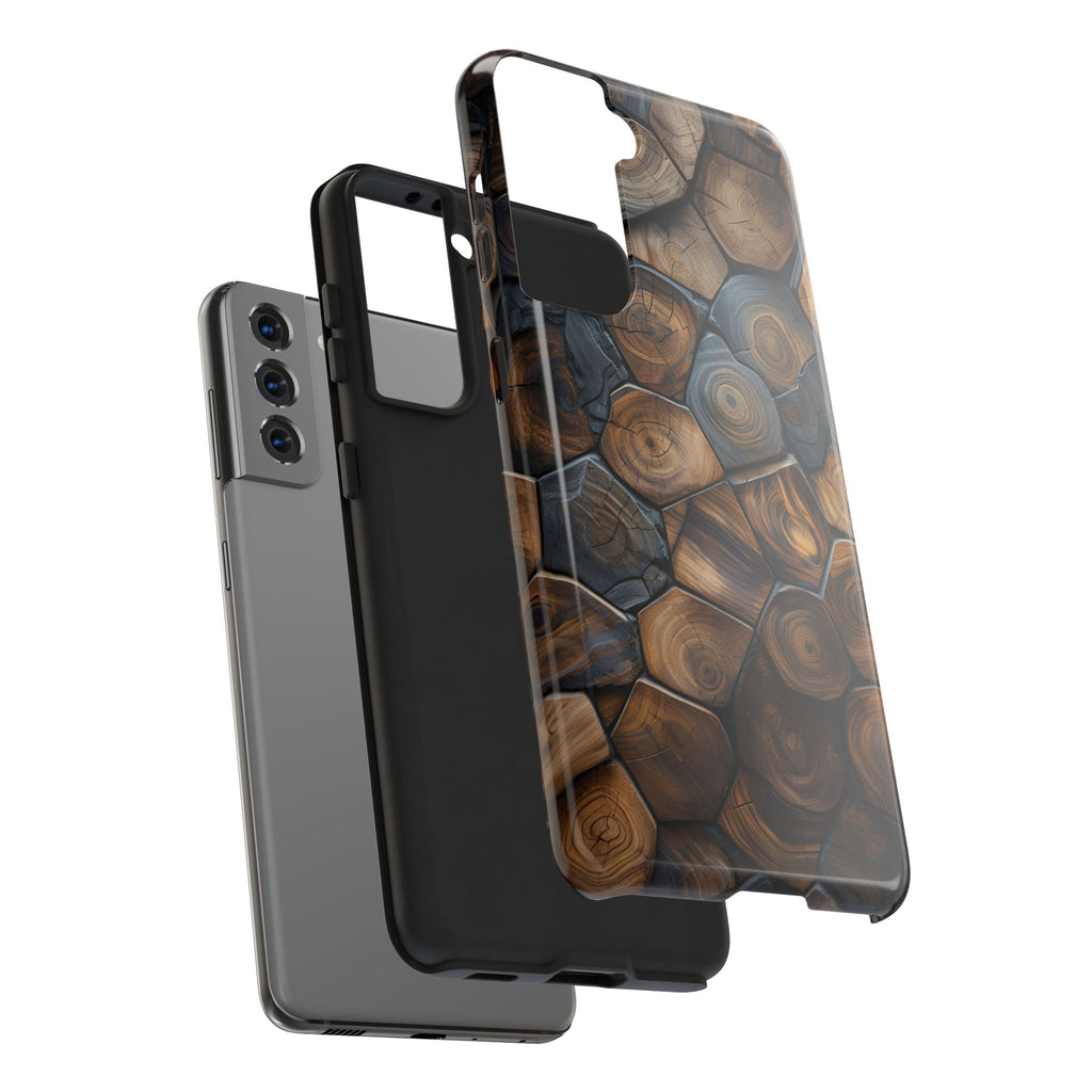 Woodgrain Hex Pattern Tough Phone Case — Rustic Log Cross-Section Design