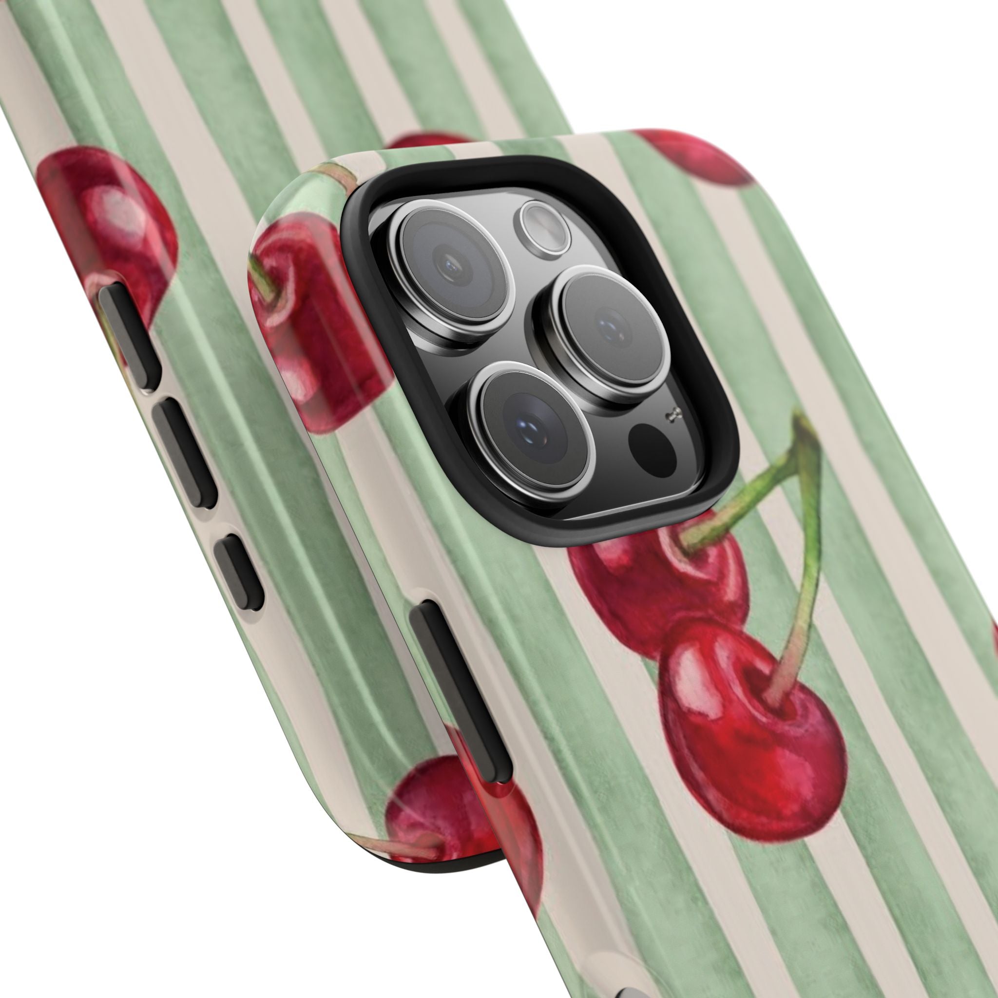 Cherry Stripe Tough Phone Case — Retro Watercolor Cherry Pattern Durable Phone Case