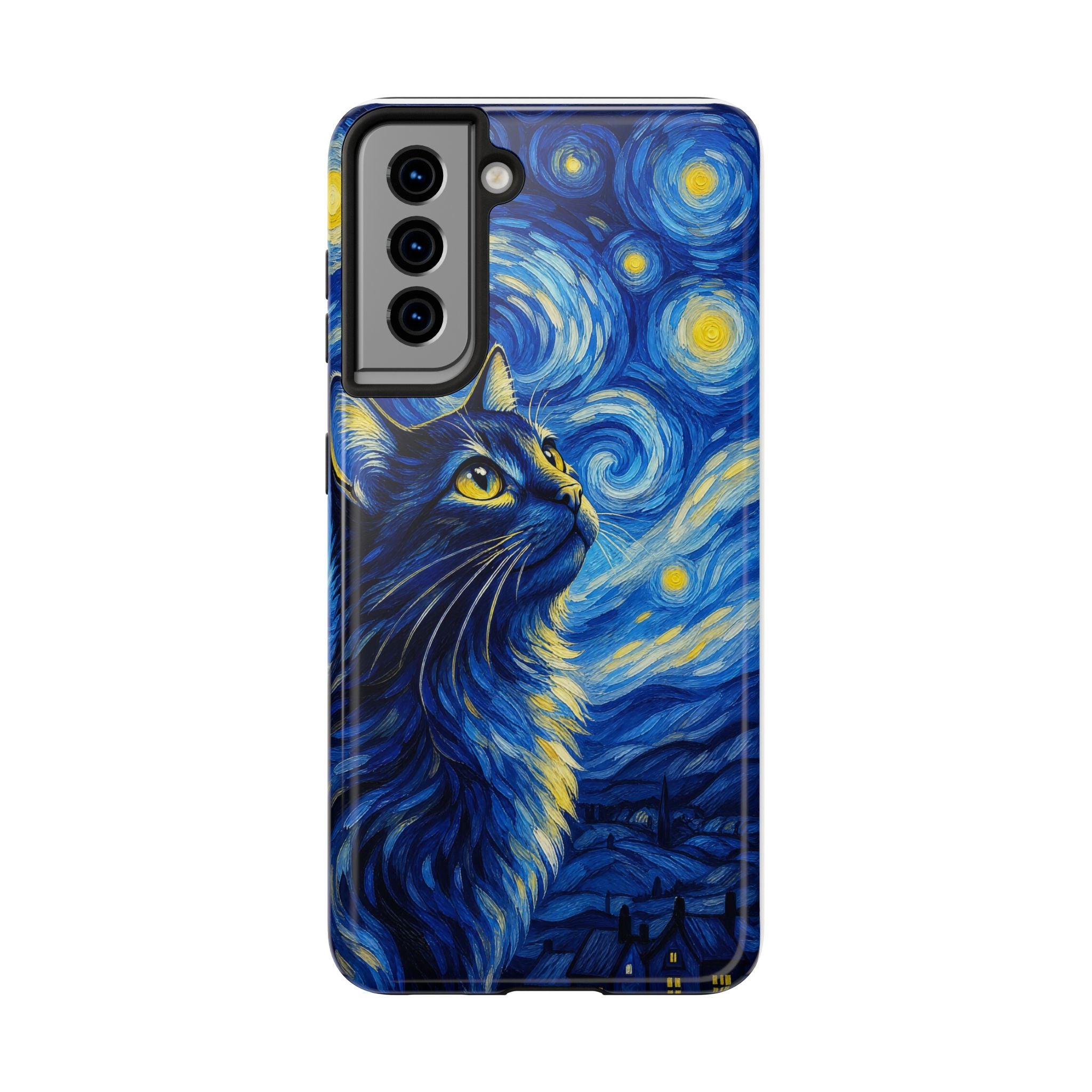 Starry Night Cat Tough Phone Case — Van Gogh Style Galaxy Kitten Protective Cover
