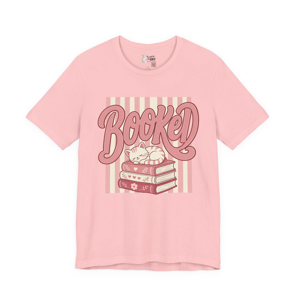 Booked Tee — Cute Cat on Stack of Books Graphic Shirt