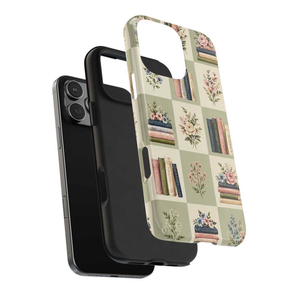 Floral Bookshelf Tough Phone Case — Vintage Floral & Stacked Books Pattern
