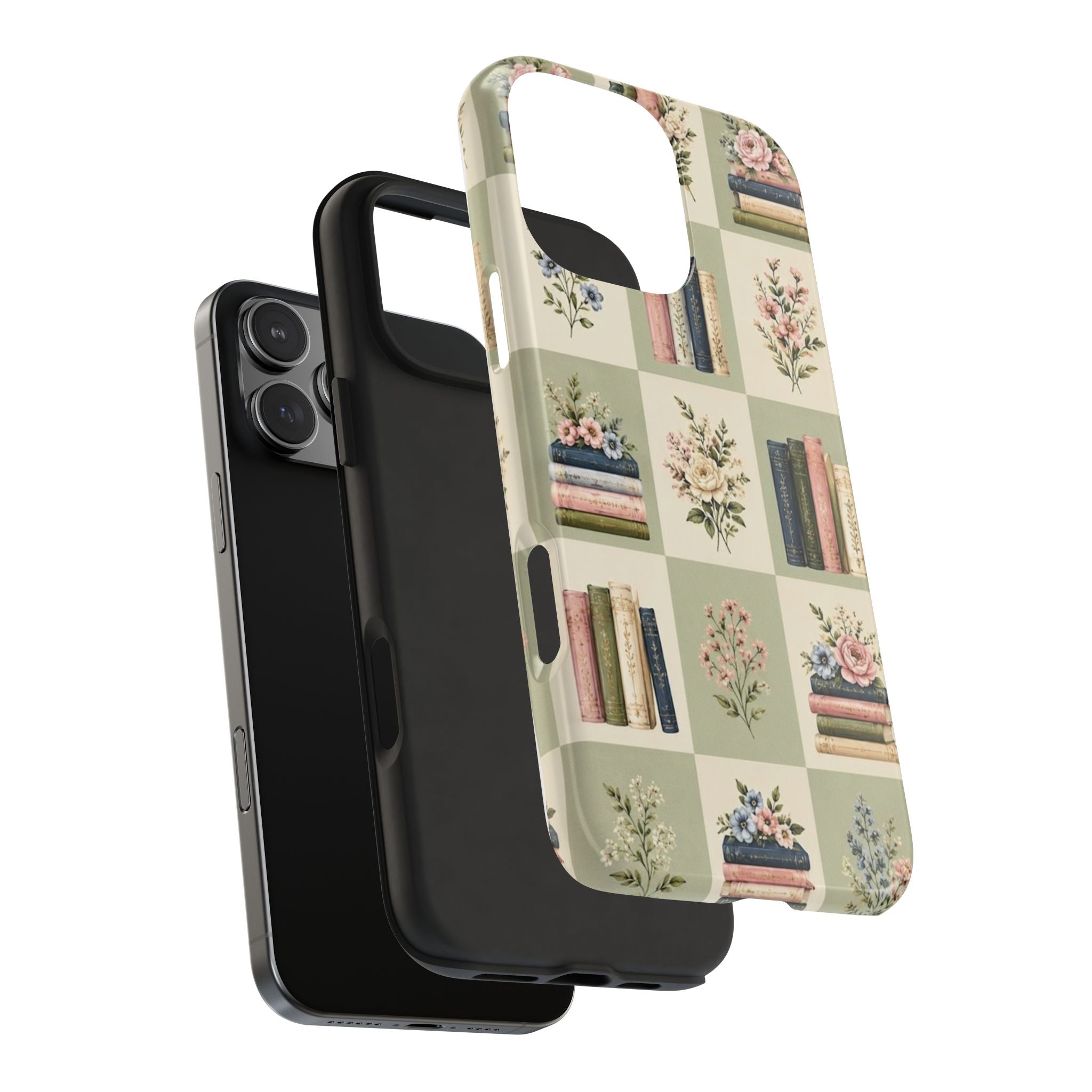 Floral Bookshelf Tough Phone Case — Vintage Floral & Stacked Books Pattern