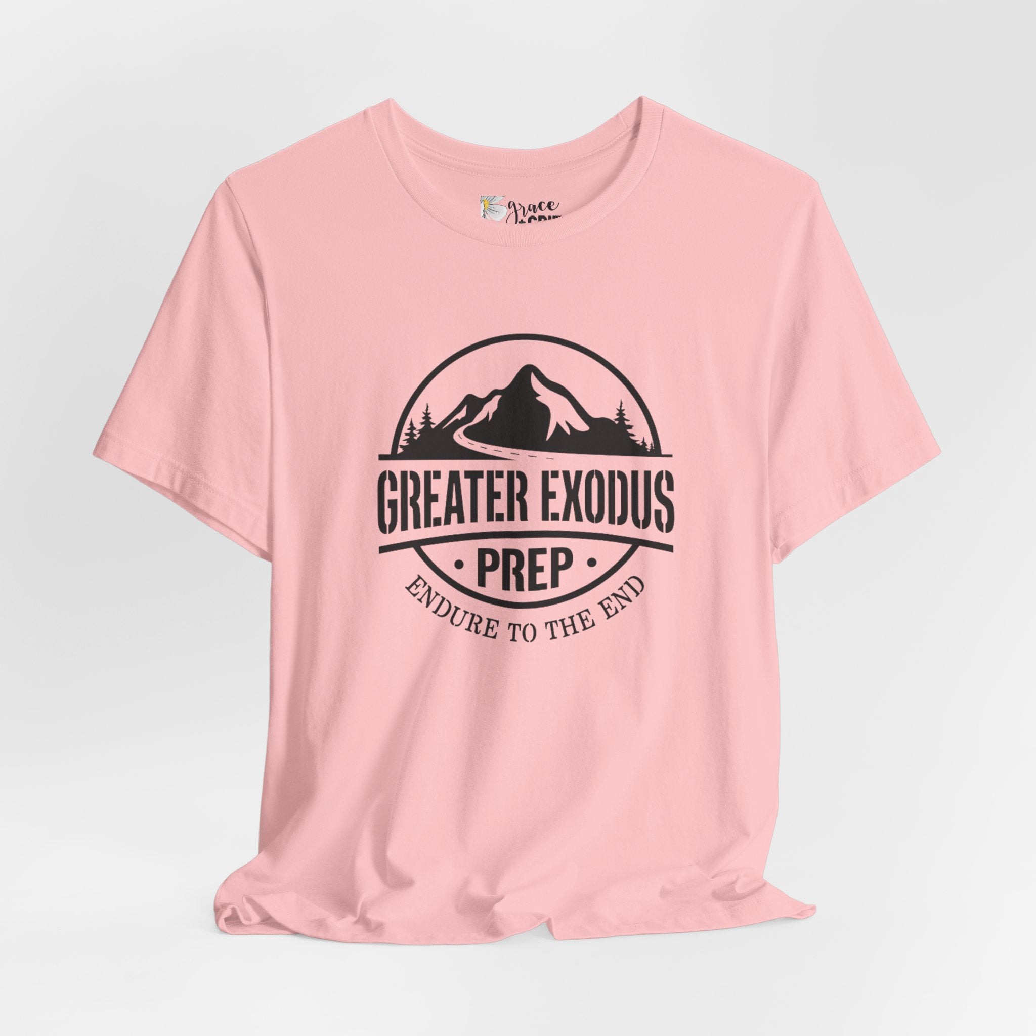 Greater Exodus Prep T-Shirt — Mountain Logo “Endure to the End” Adventure Tee