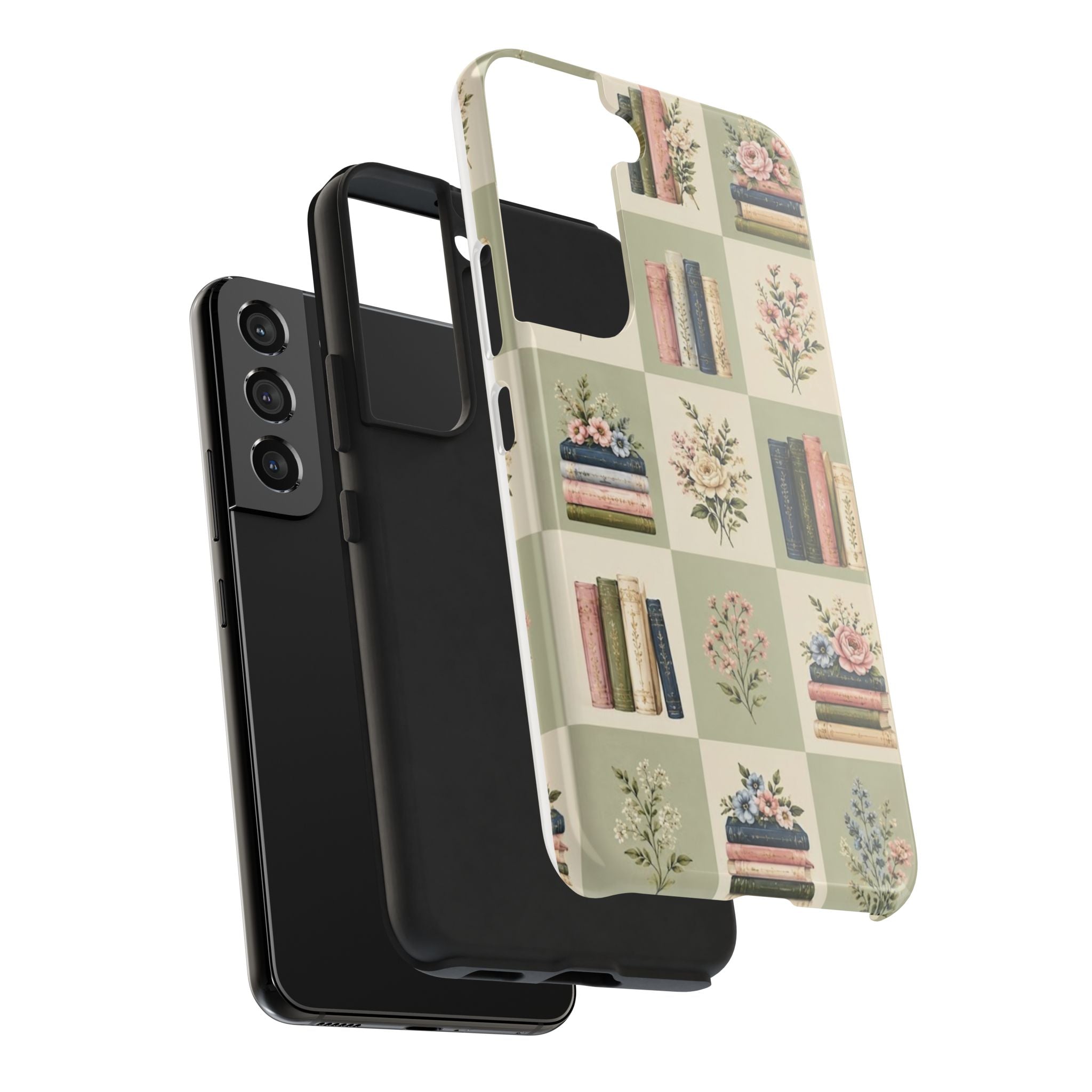 Floral Bookshelf Tough Phone Case — Vintage Floral & Stacked Books Pattern