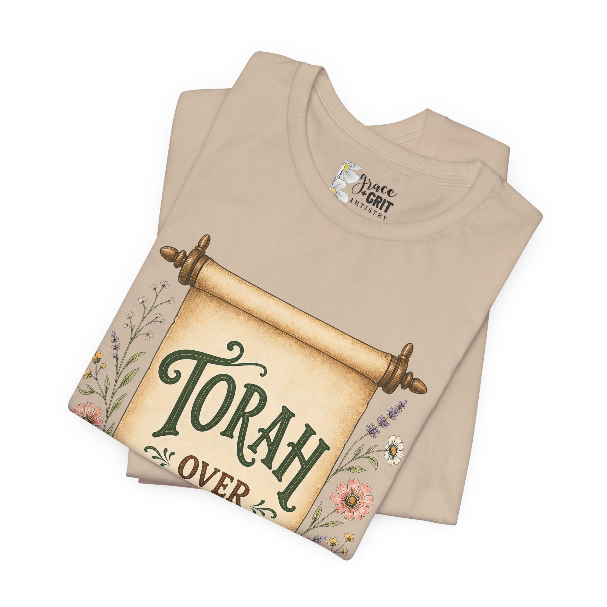 Torah Over Traditions T-Shirt — Vintage Scroll Floral Jewish Pride Tee
