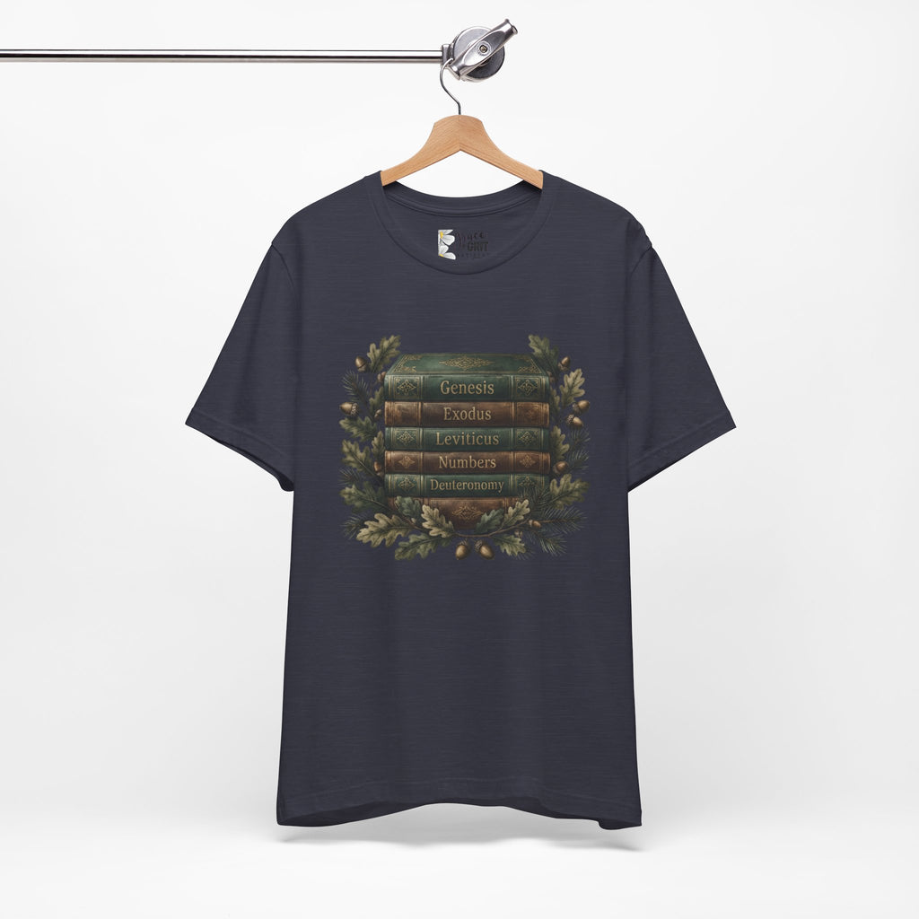 Bible Verse Stack T-Shirt — Genesis Exodus Leviticus Numbers Deuteronomy Floral Graphic