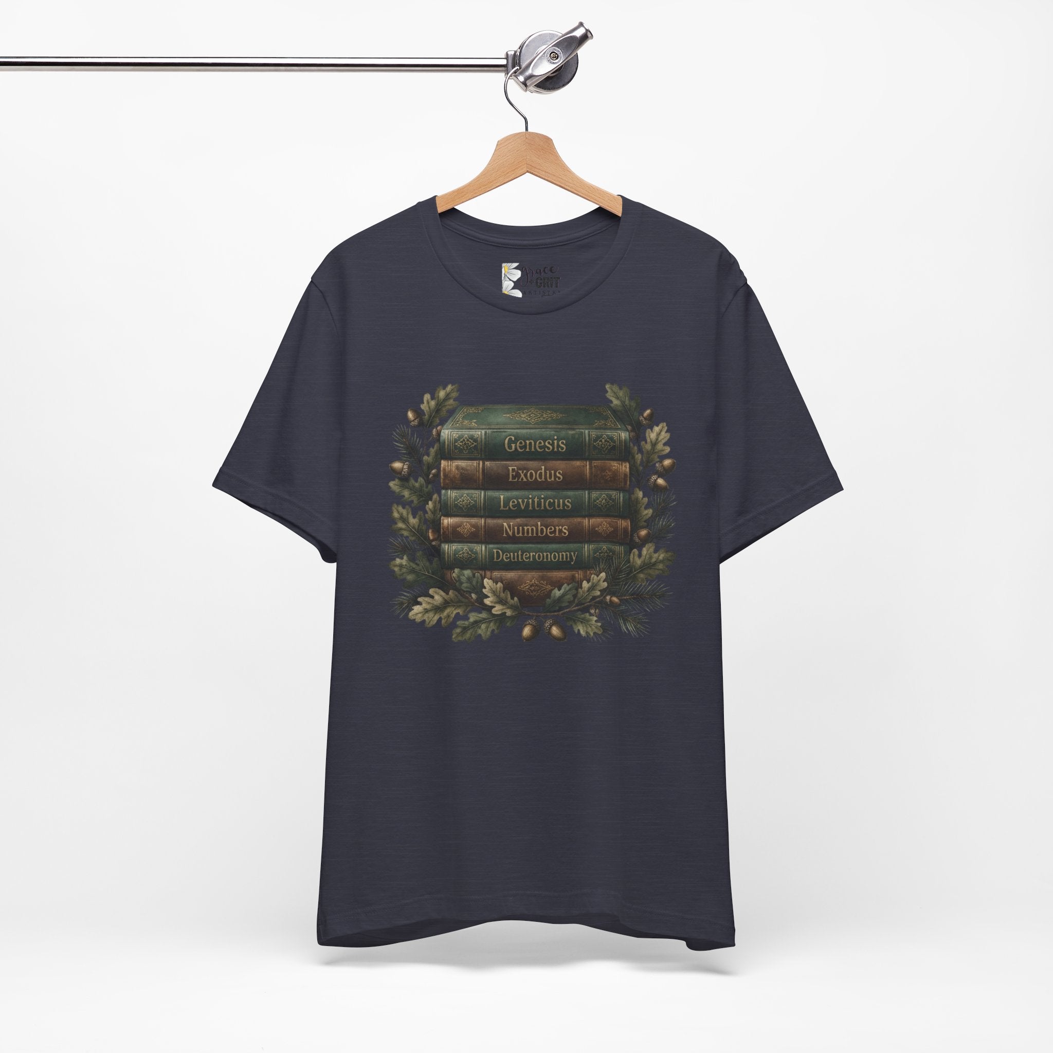 Bible Verse Stack T-Shirt — Genesis Exodus Leviticus Numbers Deuteronomy Floral Graphic