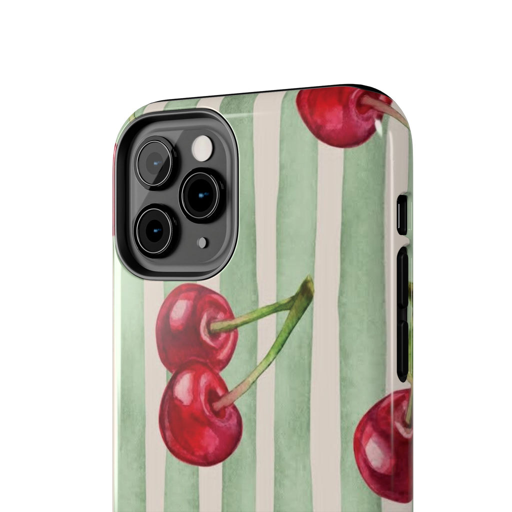 Cherry Stripe Tough Phone Case — Retro Watercolor Cherry Pattern Durable Phone Case