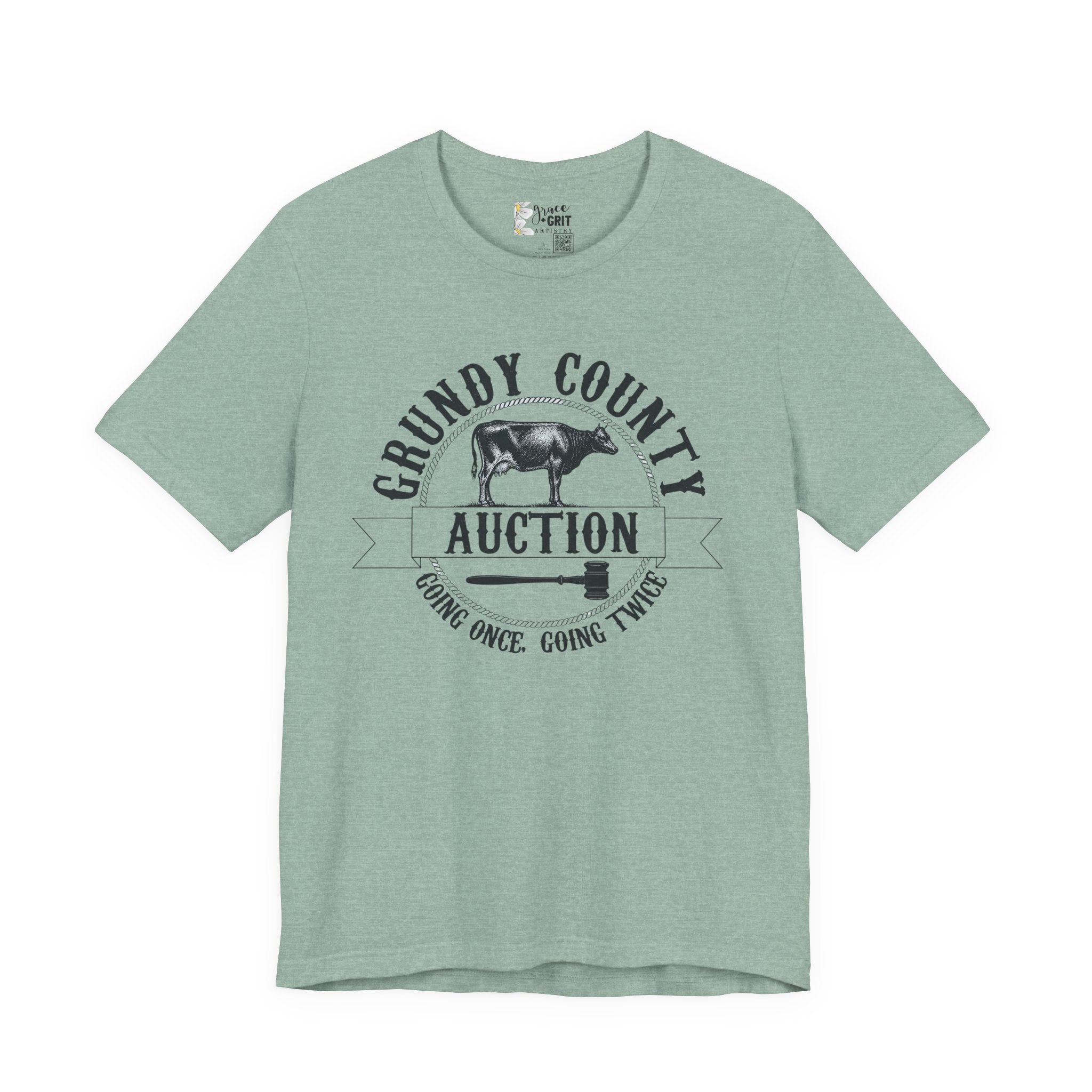 Grundy County Auction Tee — 'Going Once, Going Twice' Farm Livestock Graphic T‑Shirt