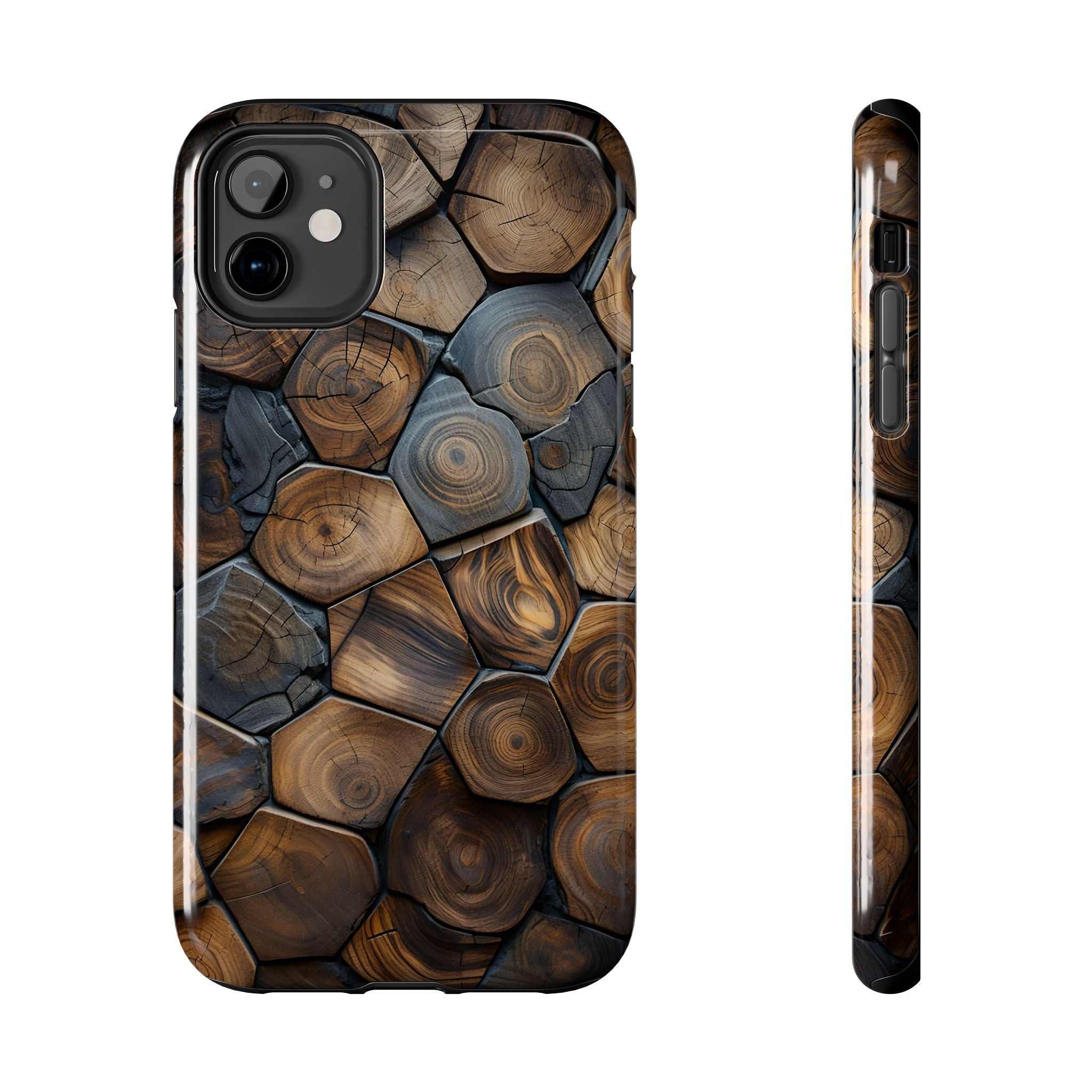 Woodgrain Hex Pattern Tough Phone Case — Rustic Log Cross-Section Design