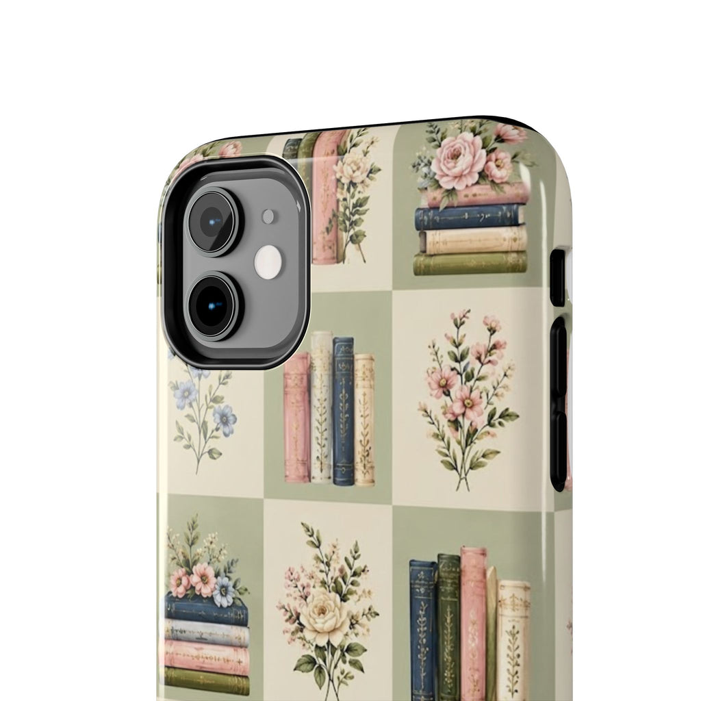 Floral Bookshelf Tough Phone Case — Vintage Floral & Stacked Books Pattern