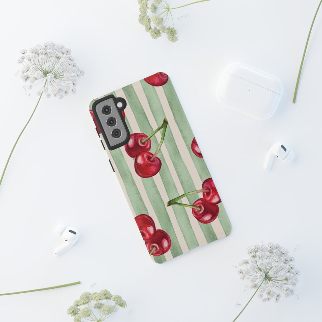 Cherry Stripe Phone Case – Retro Watercolor Cherries on Mint Stripes