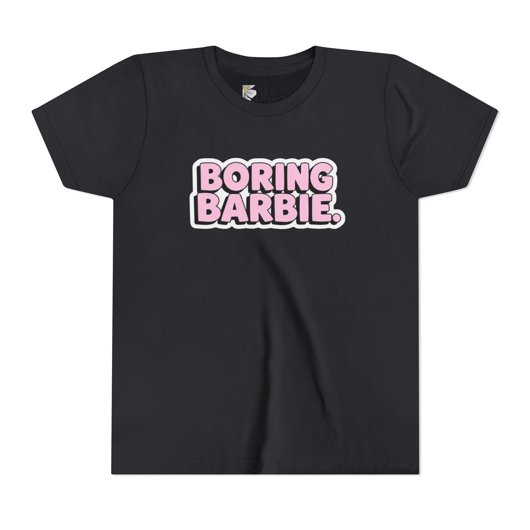 Youth Tee — "Boring Barbie" Pink Bubble Letter Graphic