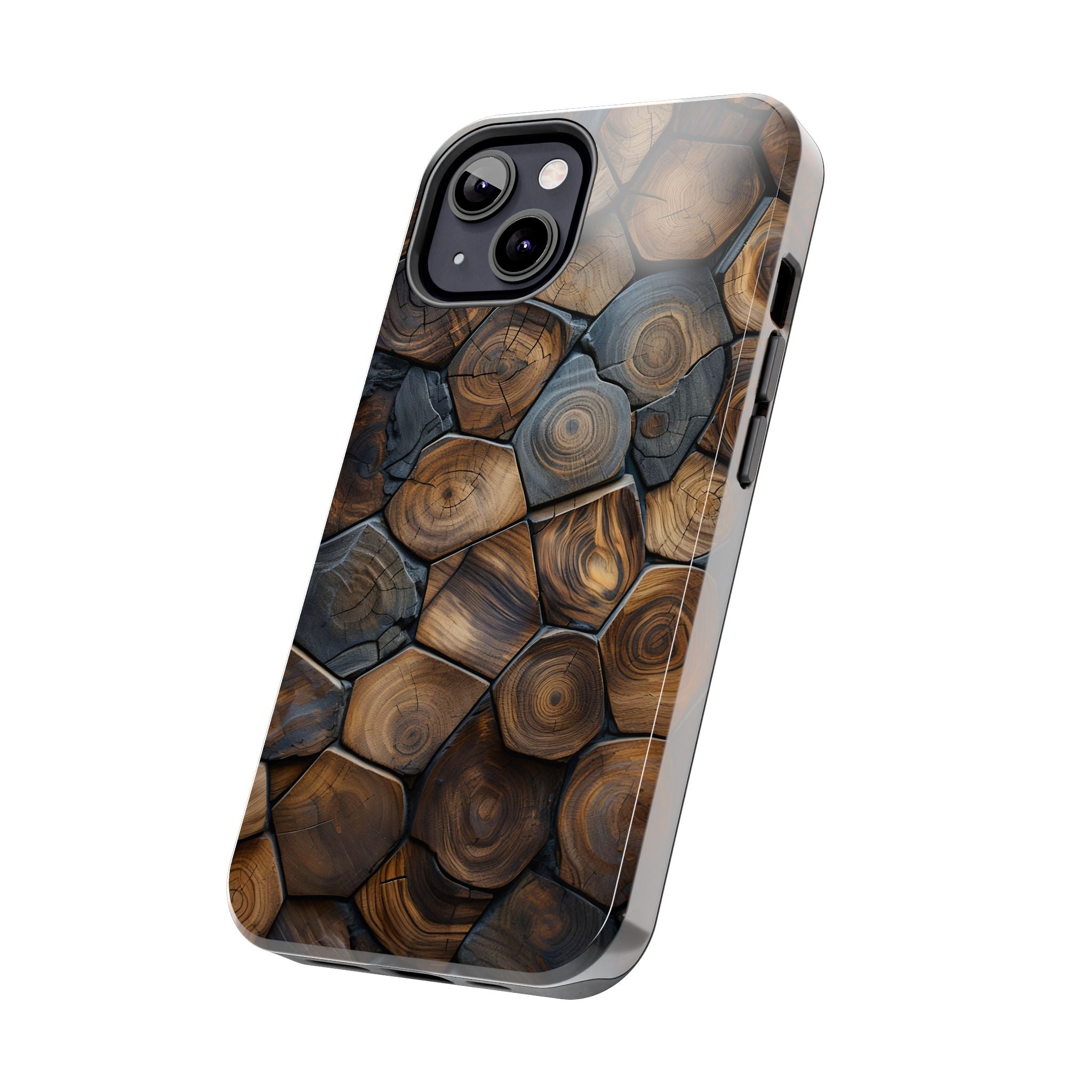 Woodgrain Hex Pattern Tough Phone Case — Rustic Log Cross-Section Design